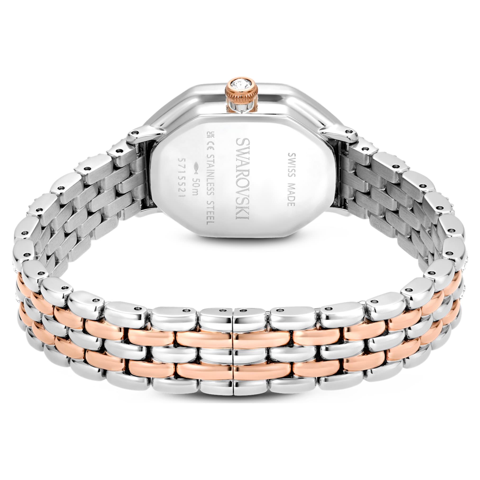 Swarovski Dextera octagon watch Swiss Made, Metal bracelet, Silver tone, Rose gold-tone finish