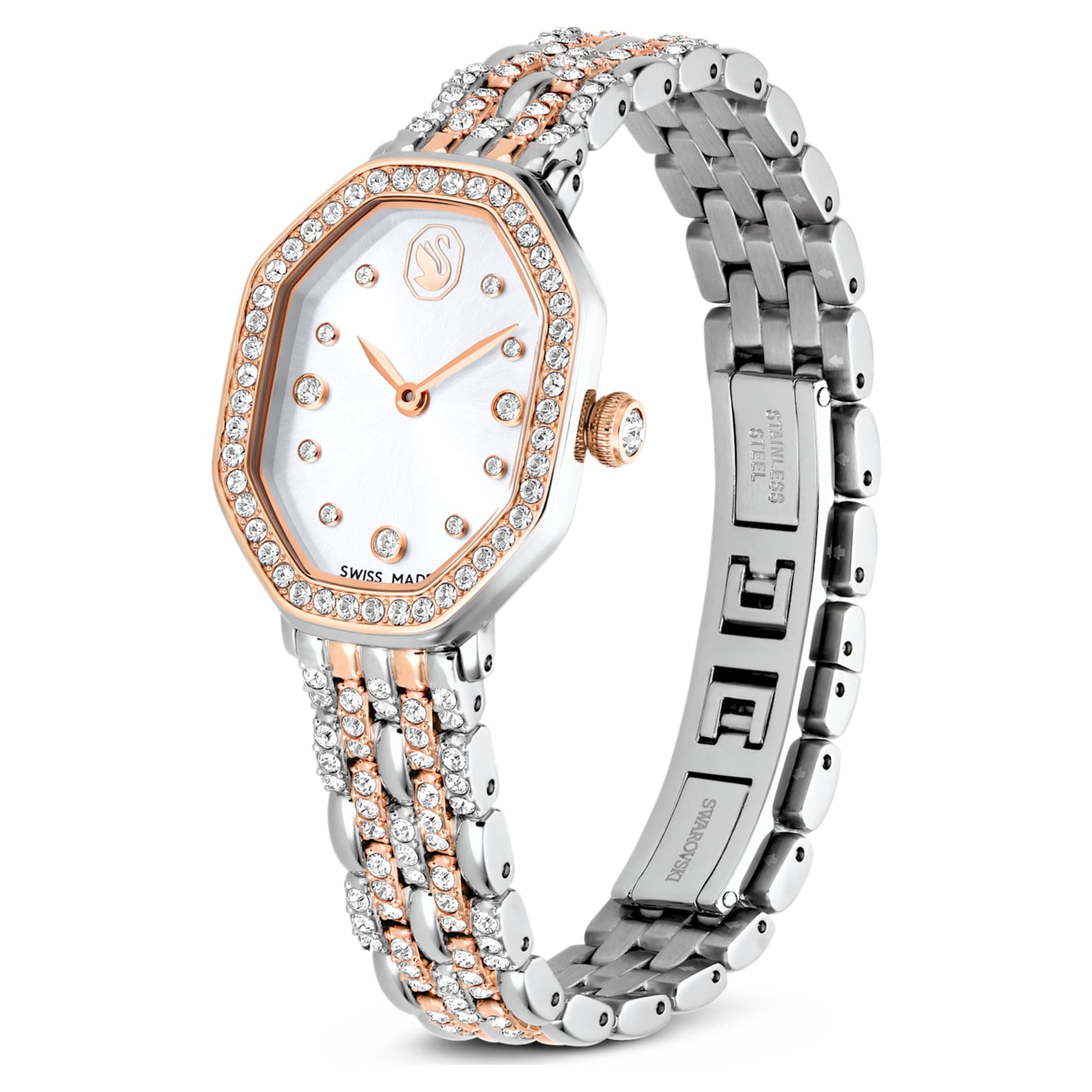 Swarovski Dextera octagon watch Swiss Made, Metal bracelet, Silver tone, Rose gold-tone finish