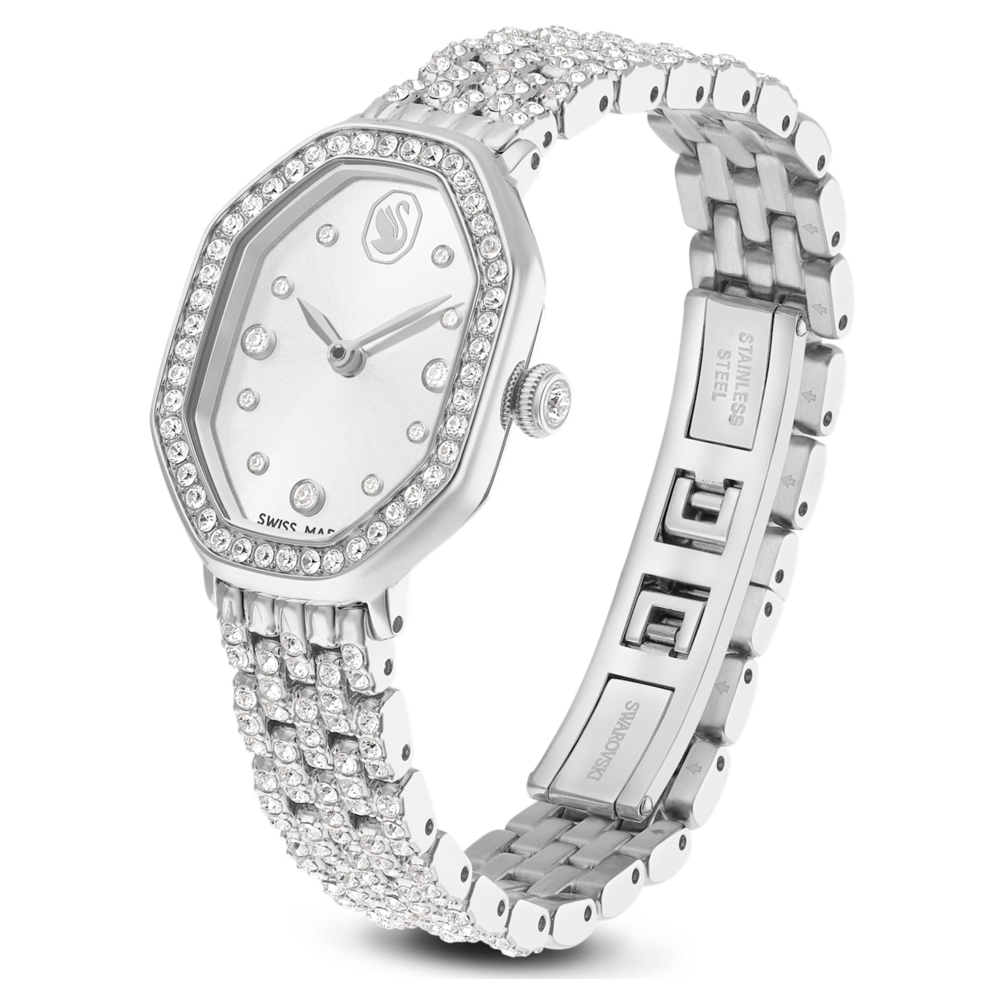 Swarovski Dextera octagon watch Swiss Made, Metal bracelet, Silver tone, Stainless steel