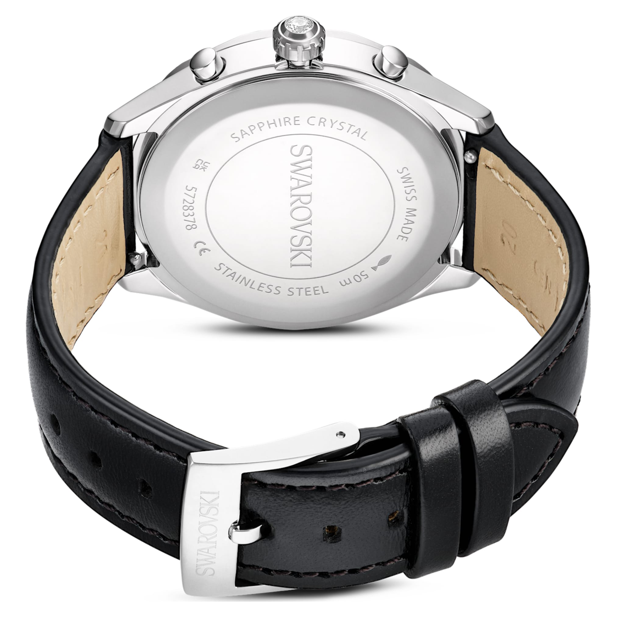 Swarovski Dextera tachymetre watch Swiss Made, Leather strap, Silver tone, Stainless steel