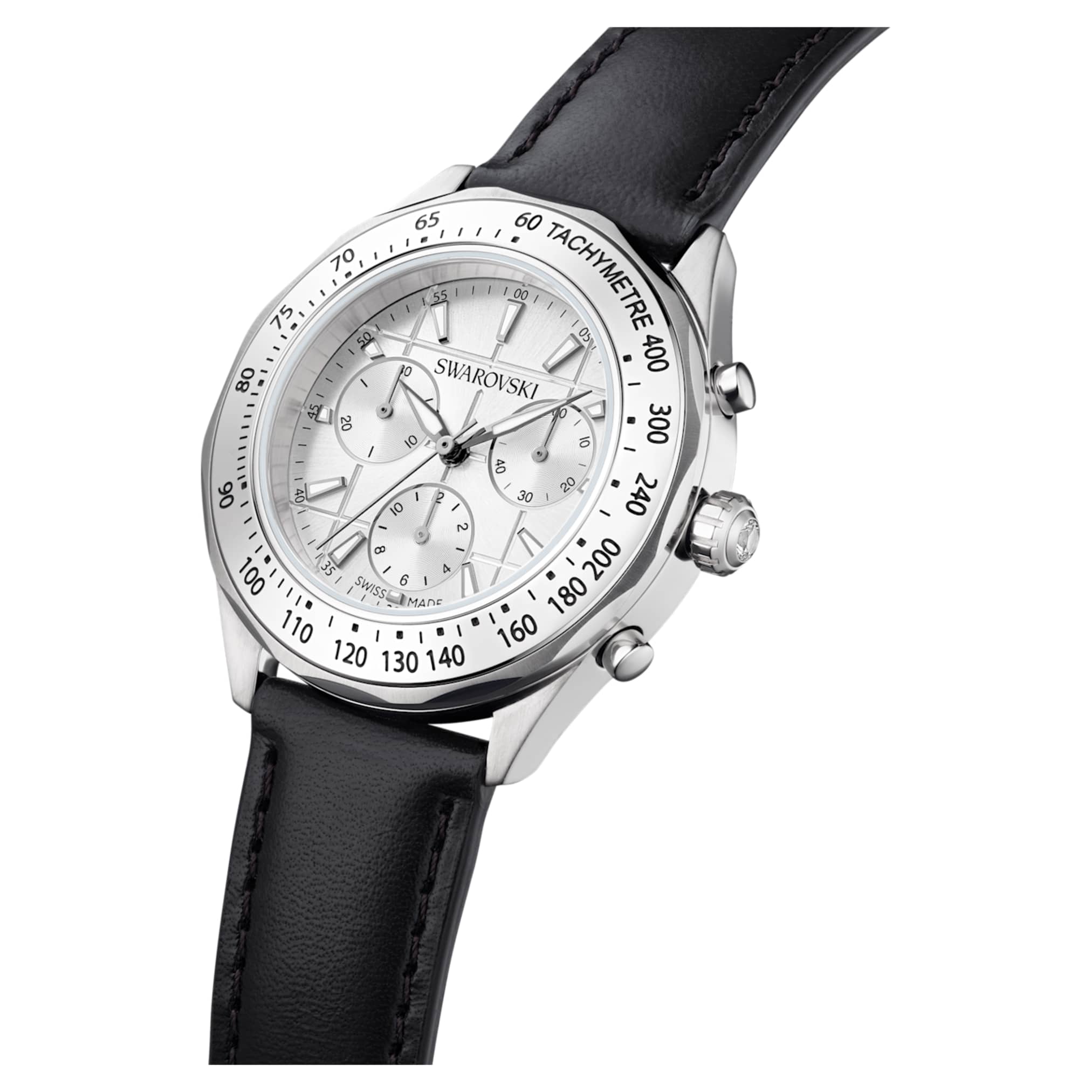 Swarovski Dextera tachymetre watch Swiss Made, Leather strap, Silver tone, Stainless steel