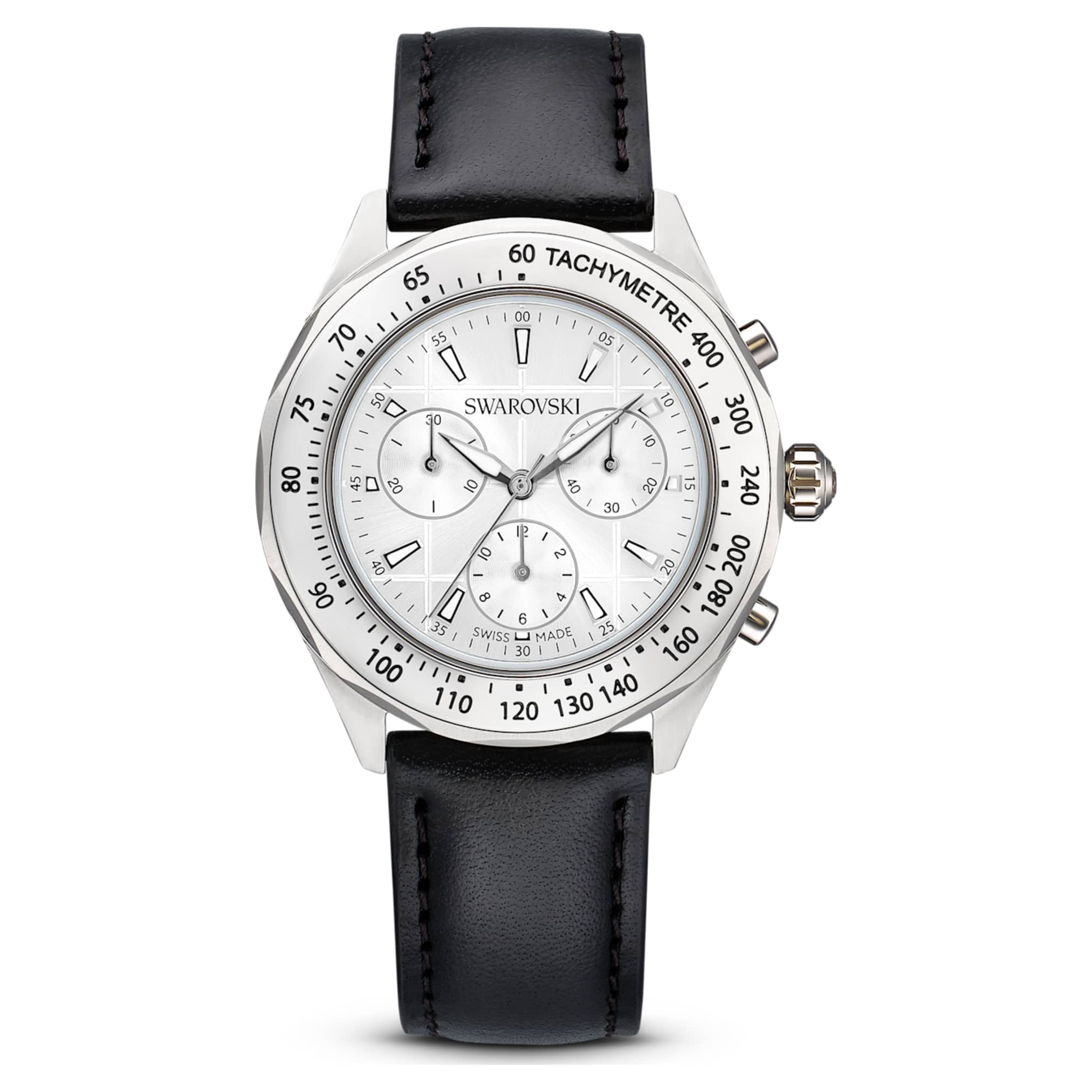 Swarovski Dextera tachymetre watch Swiss Made, Leather strap, Silver tone, Stainless steel