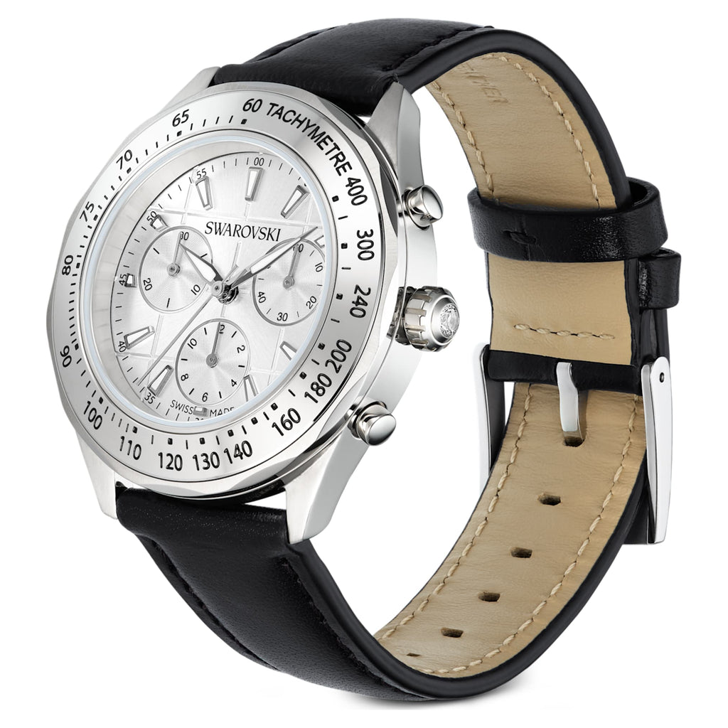 Swarovski Dextera tachymetre watch Swiss Made, Leather strap, Silver tone, Stainless steel