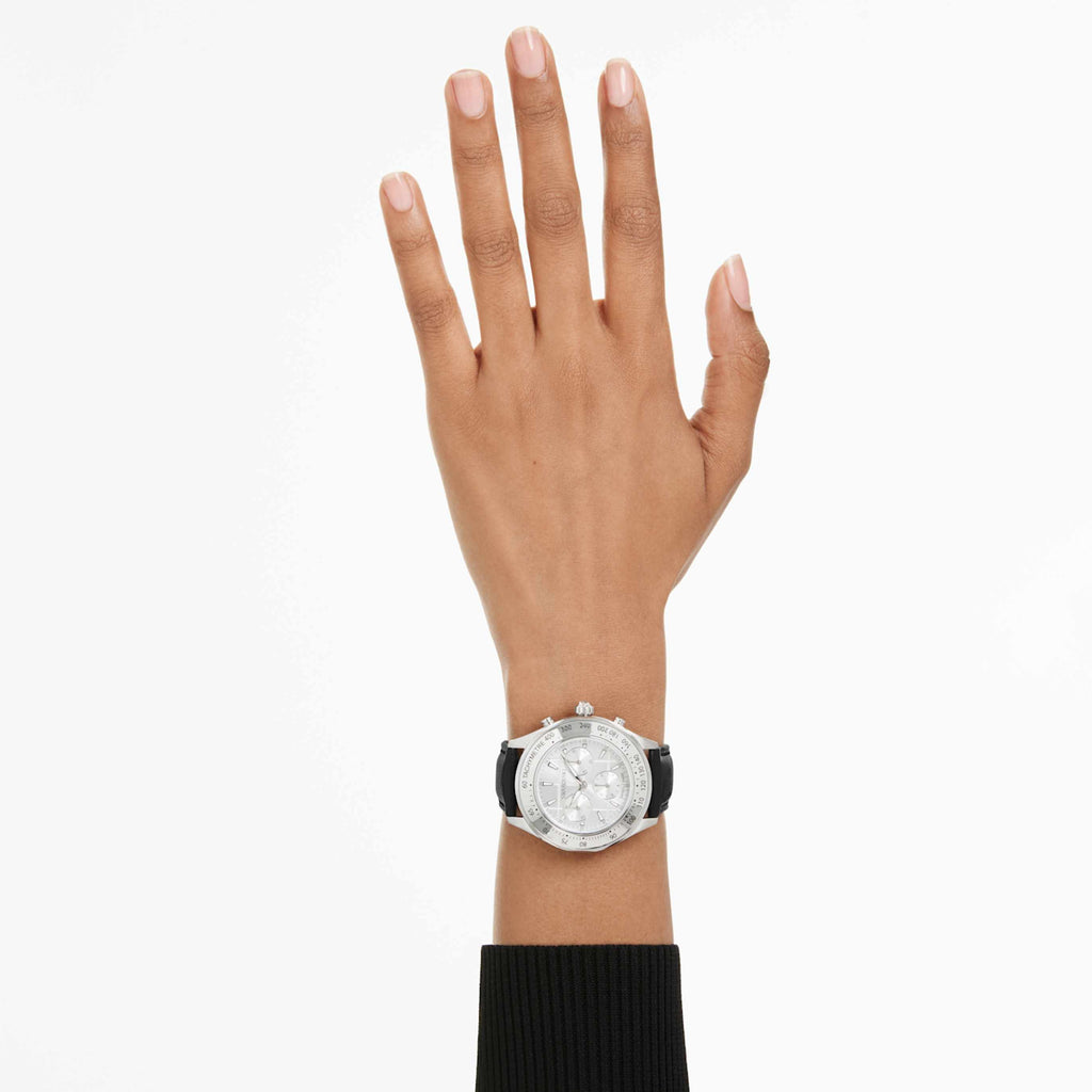 Swarovski Dextera tachymetre watch Swiss Made, Leather strap, Silver tone, Stainless steel