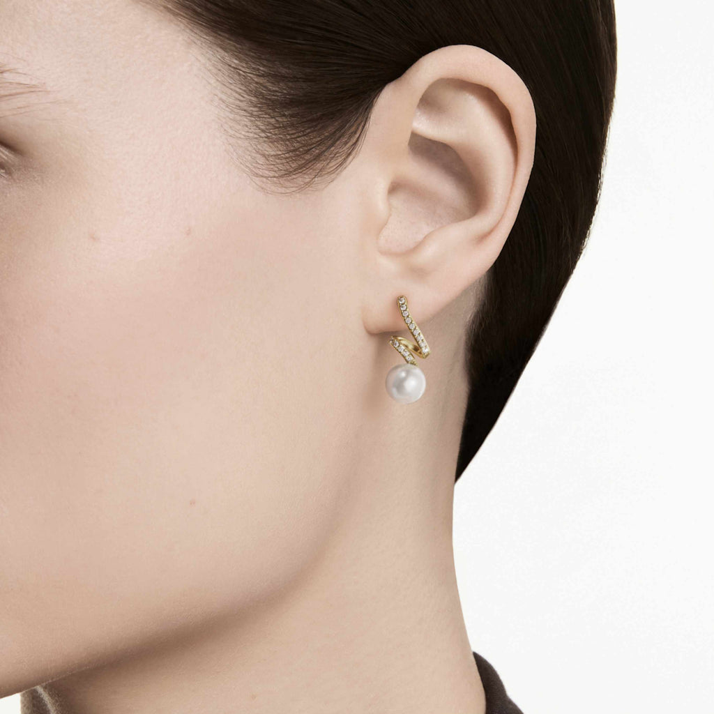 Swarovski Gabriella earrings Crystal pearl, Round cut, White, 18K gold finish