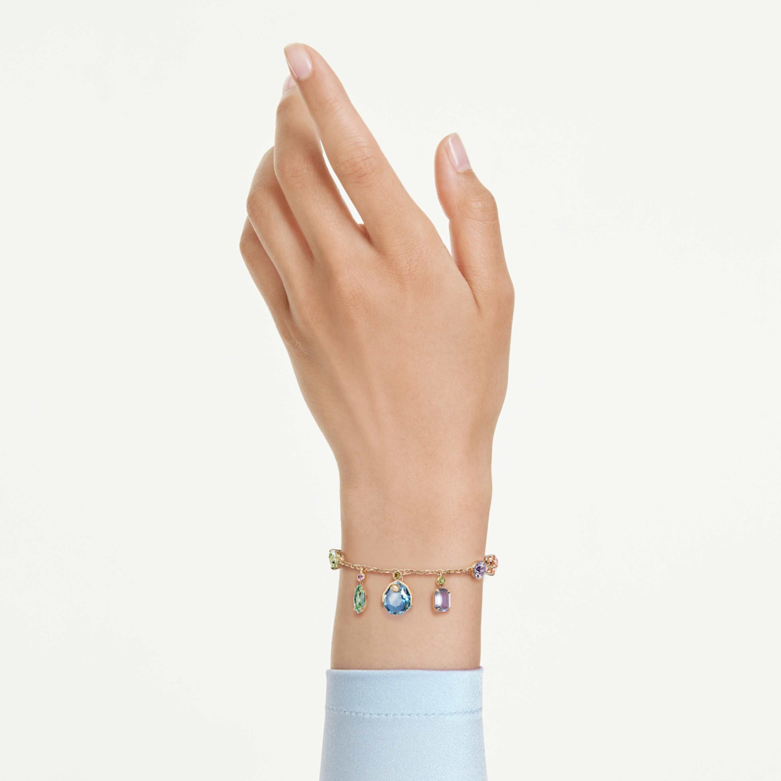 Swarovski Gema bracelet Mixed cuts, Dangling crystals, Multicolored, 18K gold finish