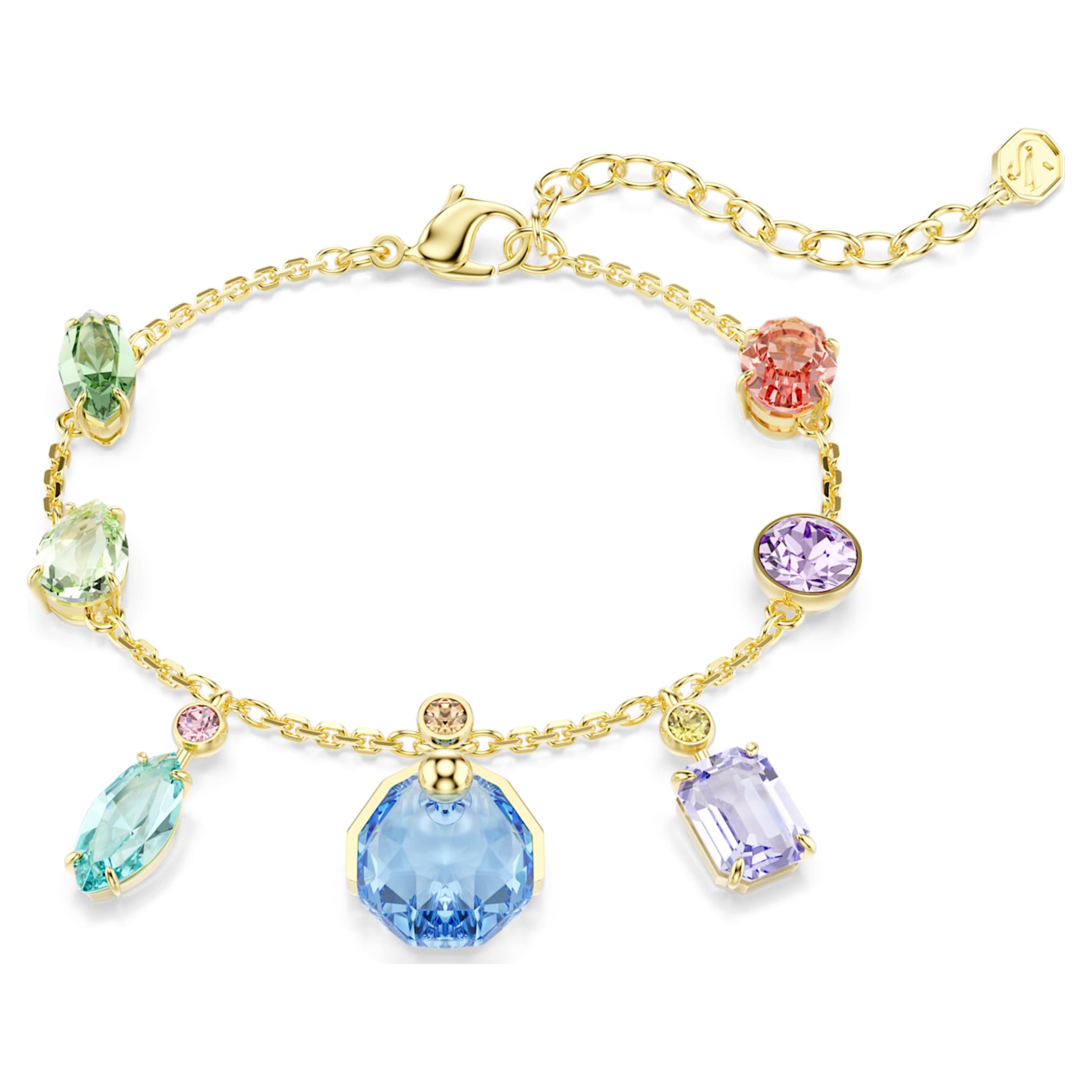 Swarovski Gema bracelet Mixed cuts, Dangling crystals, Multicolored, 18K gold finish