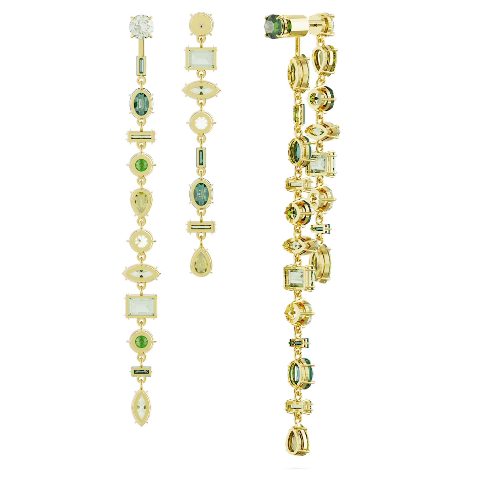 Swarovski Gema drop earrings Asymmetrical design, Mixed cuts, Extra long, Green, 18K gold finish