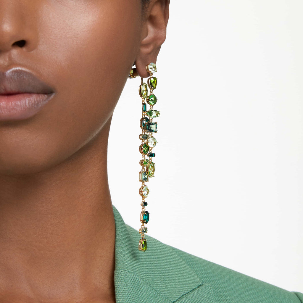 Swarovski Gema drop earrings Asymmetrical design, Mixed cuts, Extra long, Green, 18K gold finish