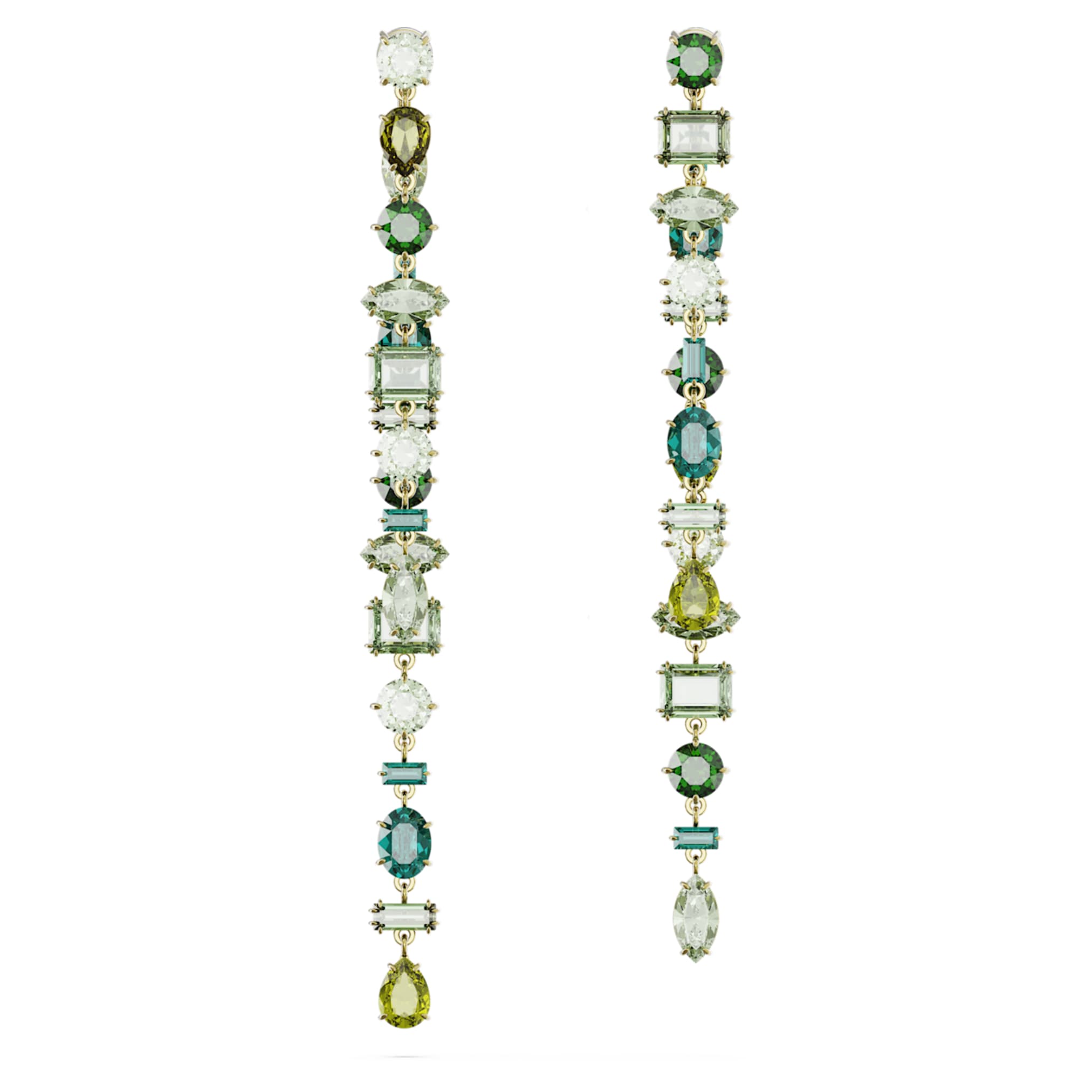 Swarovski Gema drop earrings Asymmetrical design, Mixed cuts, Extra long, Green, 18K gold finish