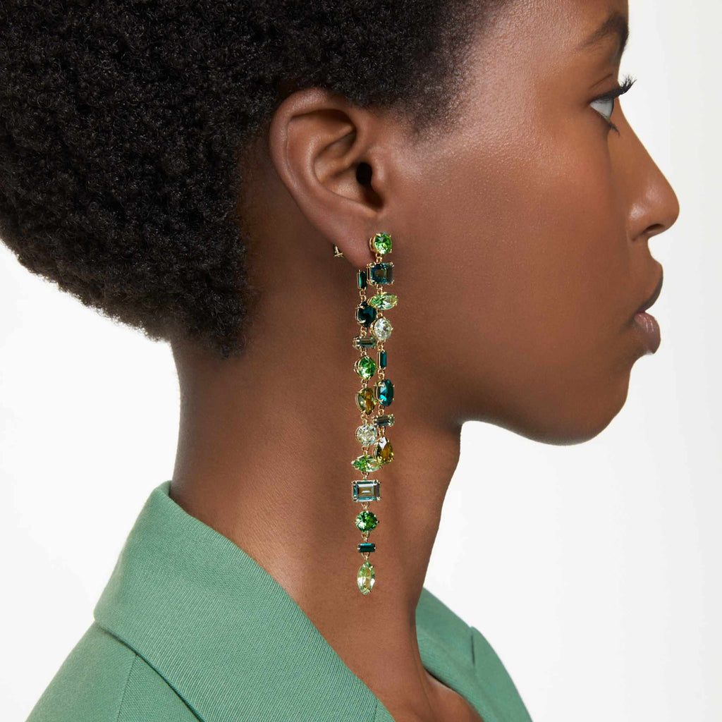 Swarovski Gema drop earrings Asymmetrical design, Mixed cuts, Extra long, Green, 18K gold finish