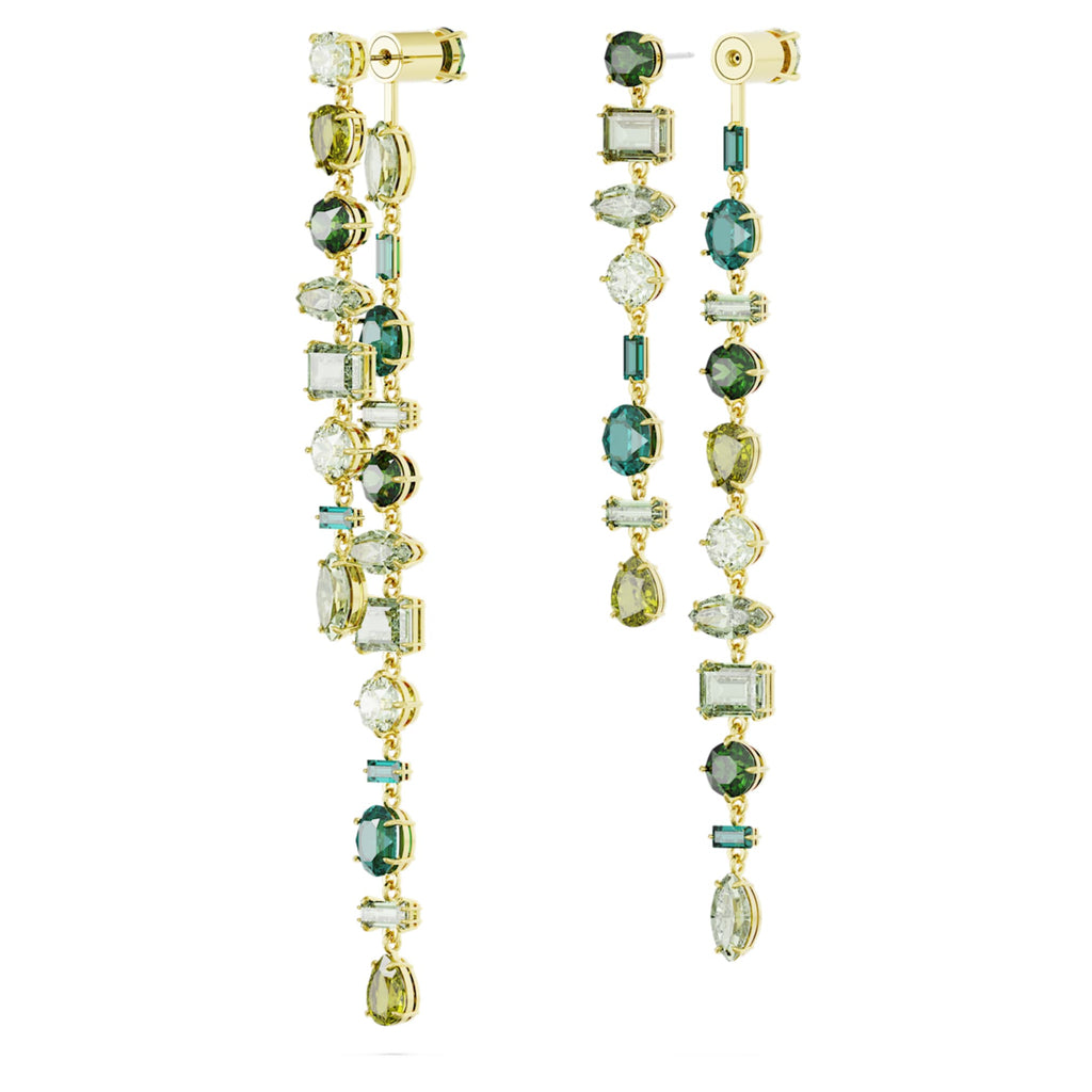 Swarovski Gema drop earrings Asymmetrical design, Mixed cuts, Extra long, Green, 18K gold finish