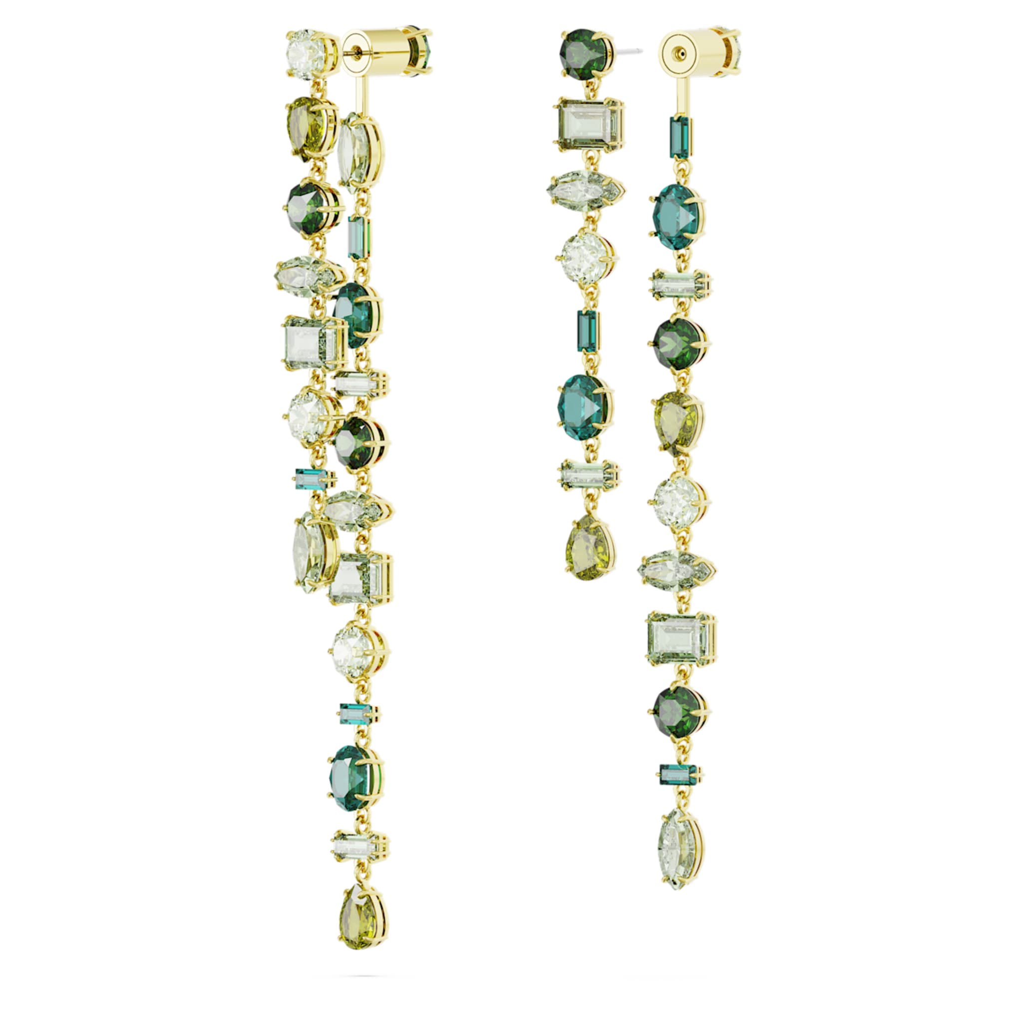 Swarovski Gema drop earrings Asymmetrical design, Mixed cuts, Extra long, Green, 18K gold finish