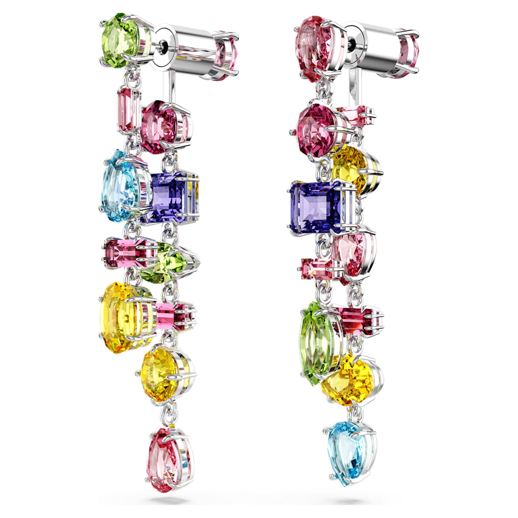 Swarovski Gema drop earrings Asymmetrical design, Mixed cuts, Long, Multicolored, Rhodium plated