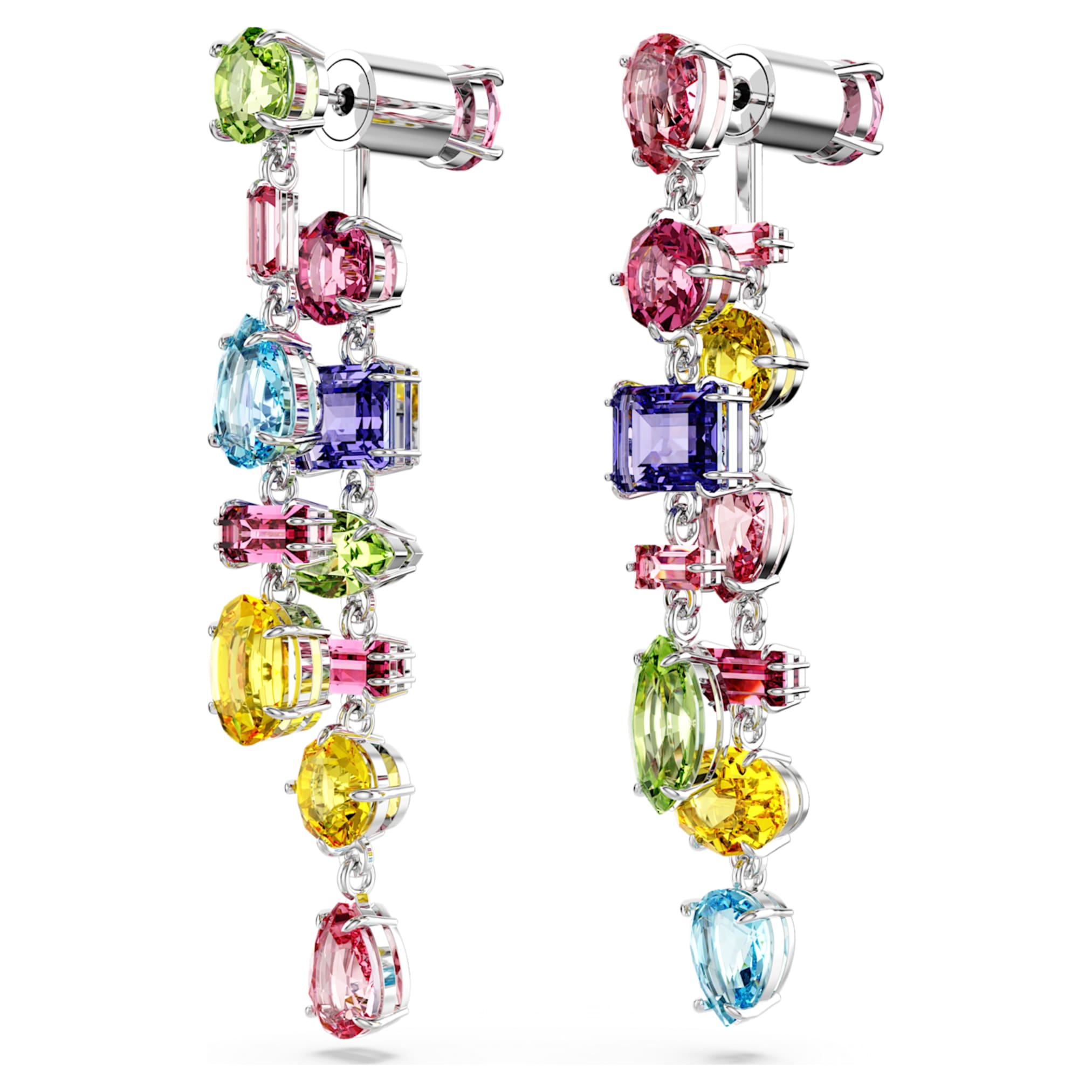 Swarovski Gema drop earrings Asymmetrical design, Mixed cuts, Long, Multicolored, Rhodium plated