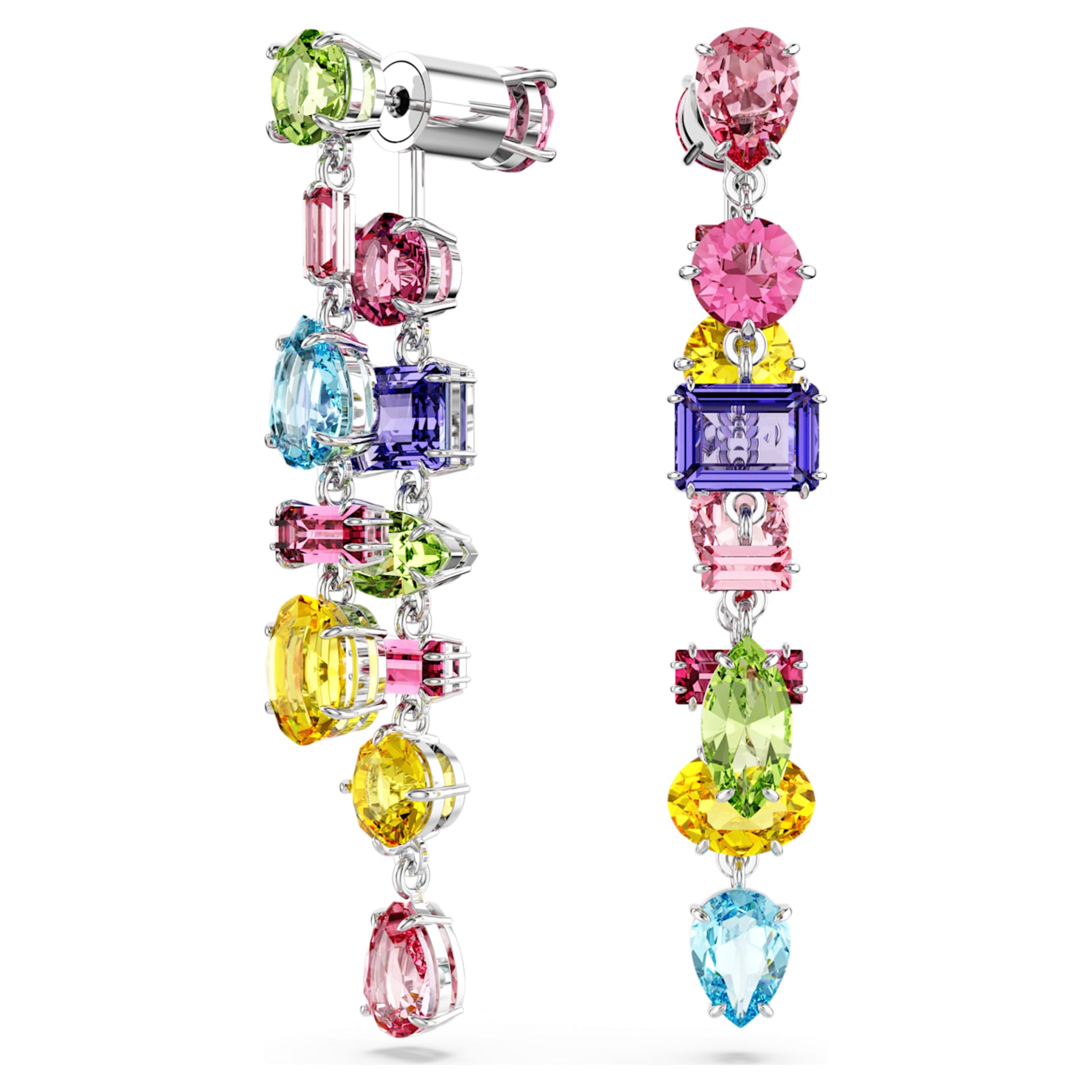 Swarovski Gema drop earrings Asymmetrical design, Mixed cuts, Long, Multicolored, Rhodium plated