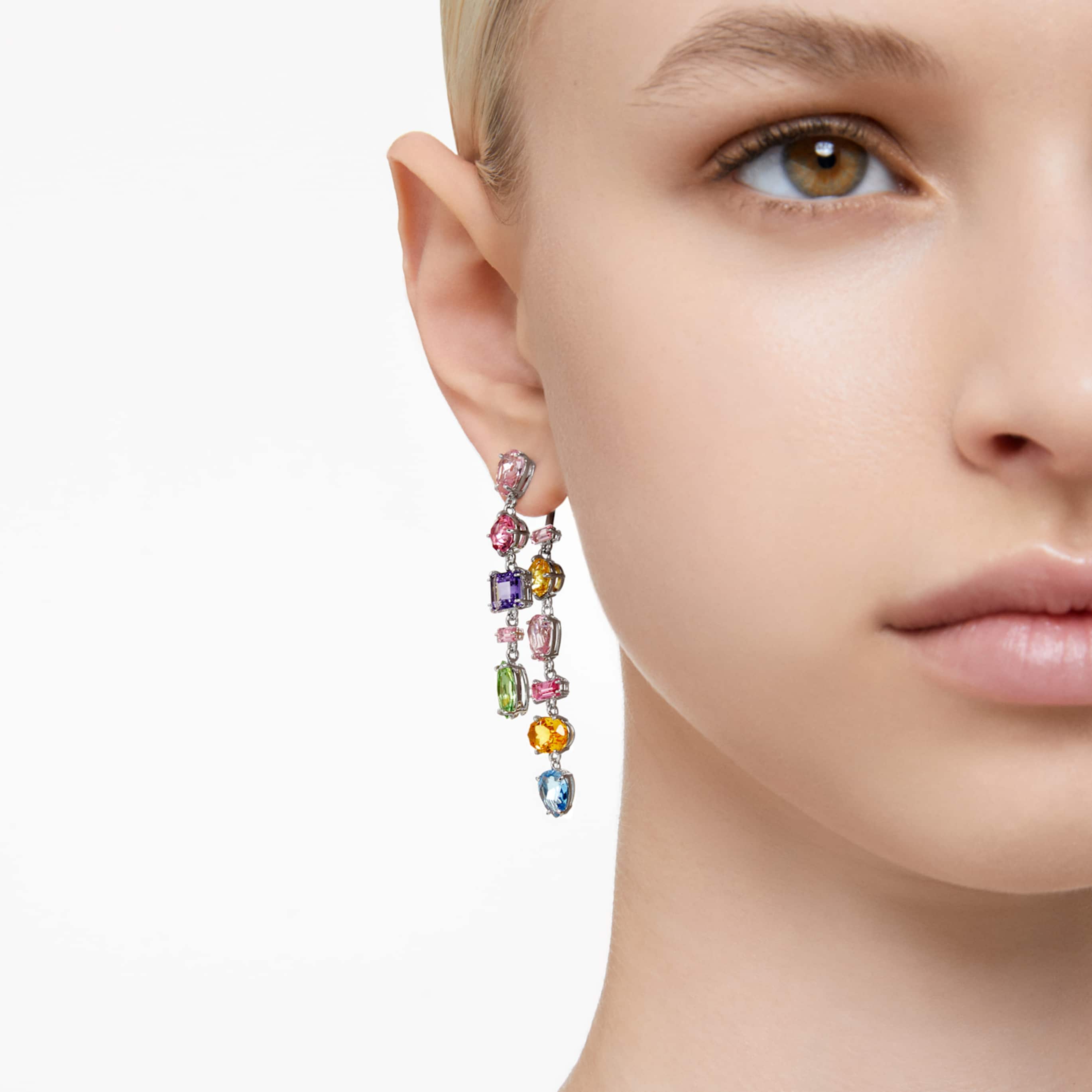 Swarovski Gema drop earrings Asymmetrical design, Mixed cuts, Long, Multicolored, Rhodium plated