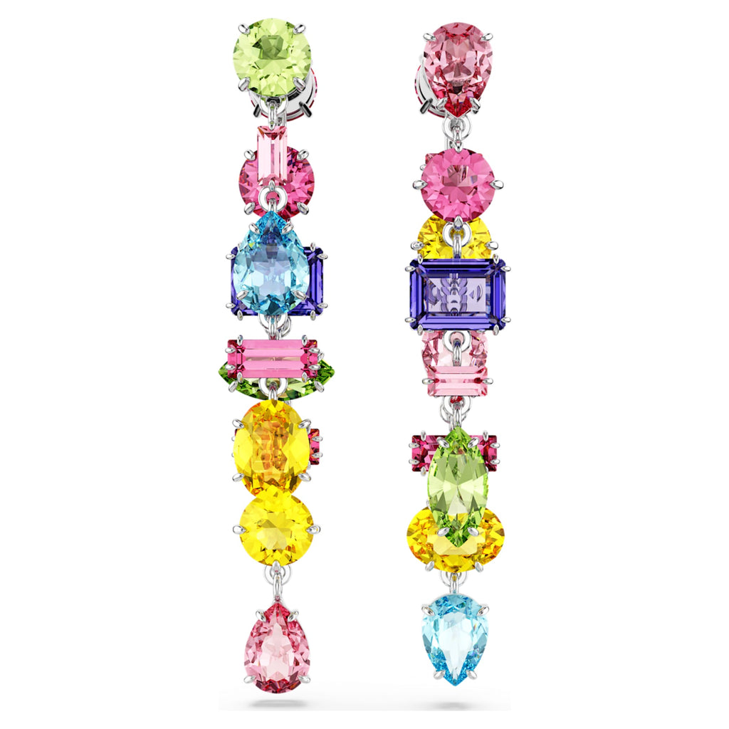 Swarovski Gema drop earrings Asymmetrical design, Mixed cuts, Long, Multicolored, Rhodium plated