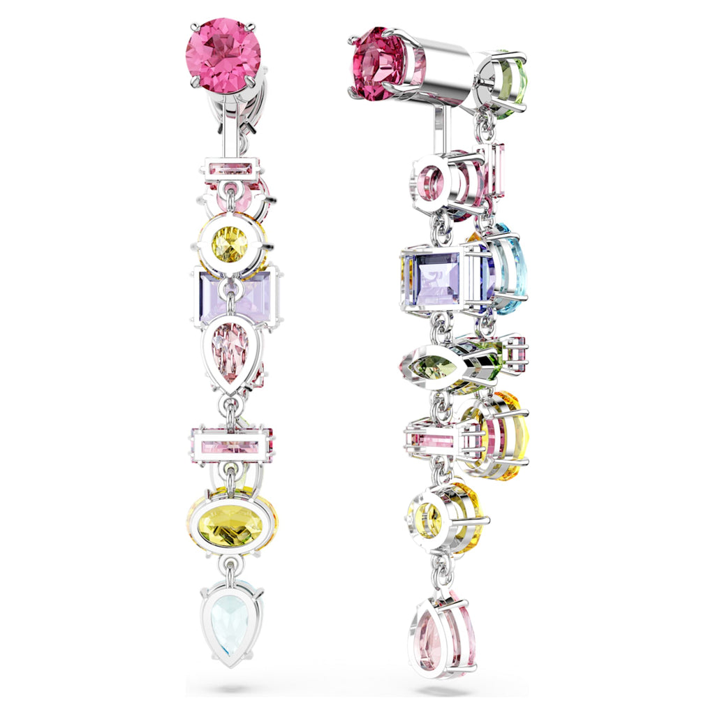 Swarovski Gema drop earrings Asymmetrical design, Mixed cuts, Long, Multicolored, Rhodium plated