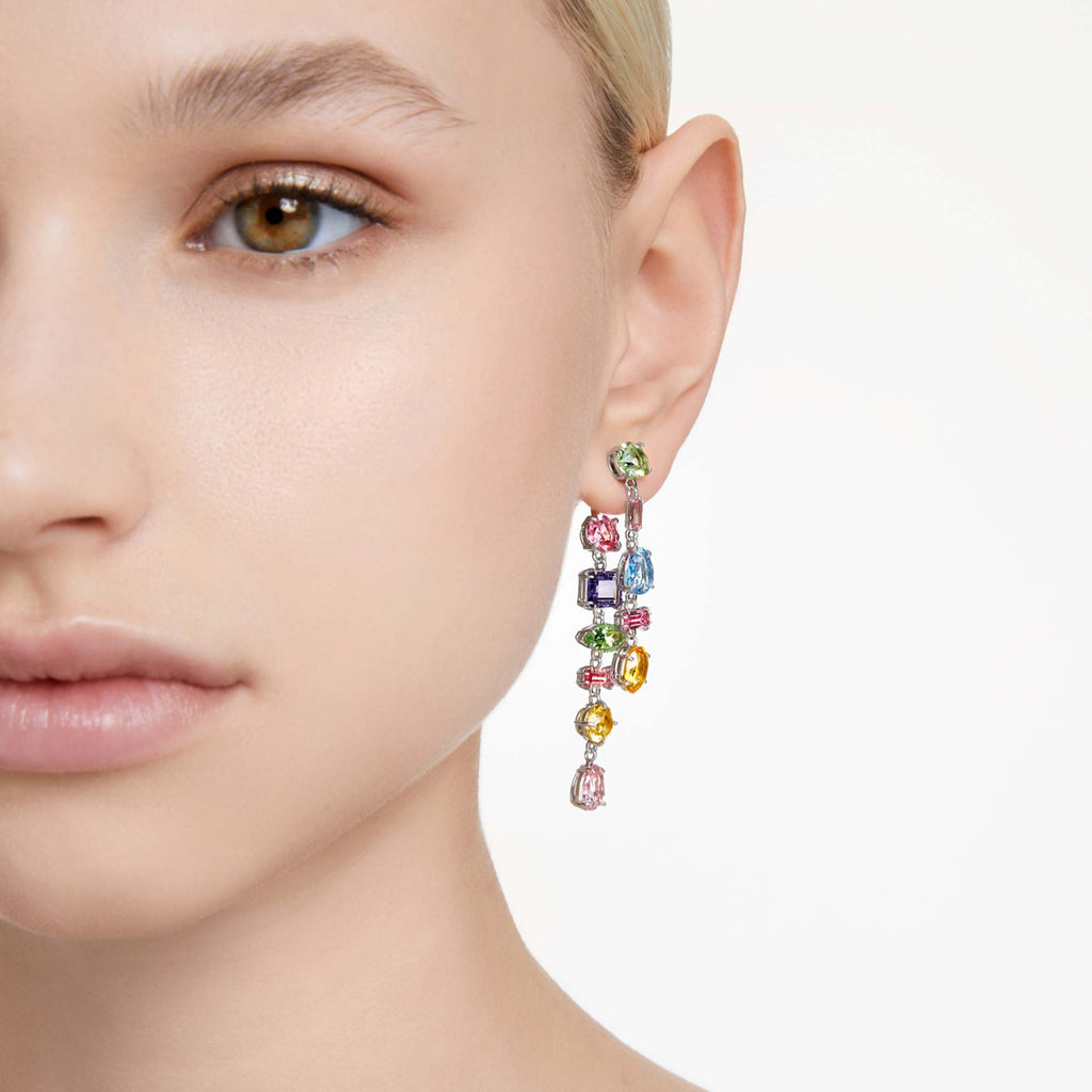 Swarovski Gema drop earrings Asymmetrical design, Mixed cuts, Long, Multicolored, Rhodium plated