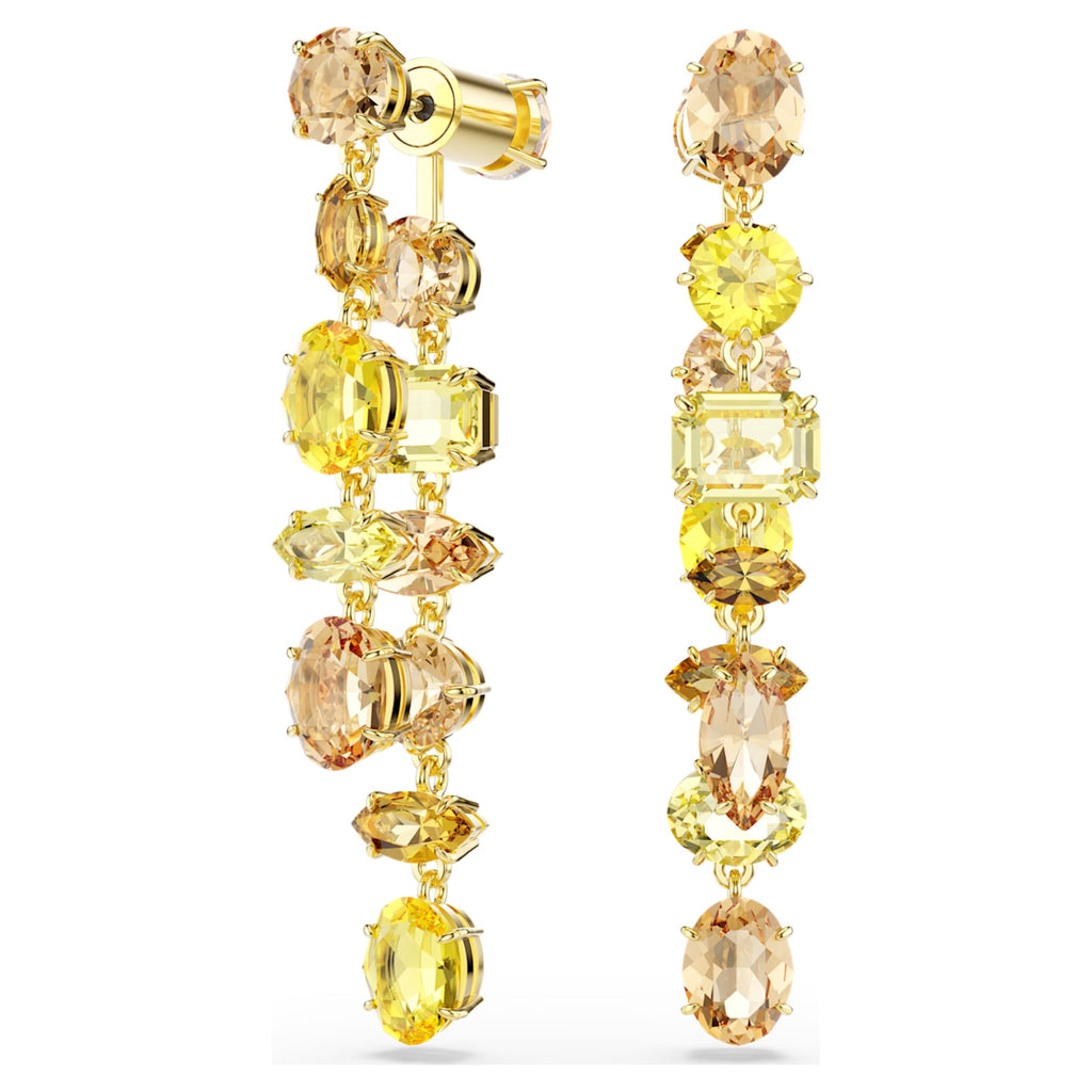 Swarovski Gema drop earrings Asymmetrical design, Mixed cuts, Long, Yellow, 18K gold finish