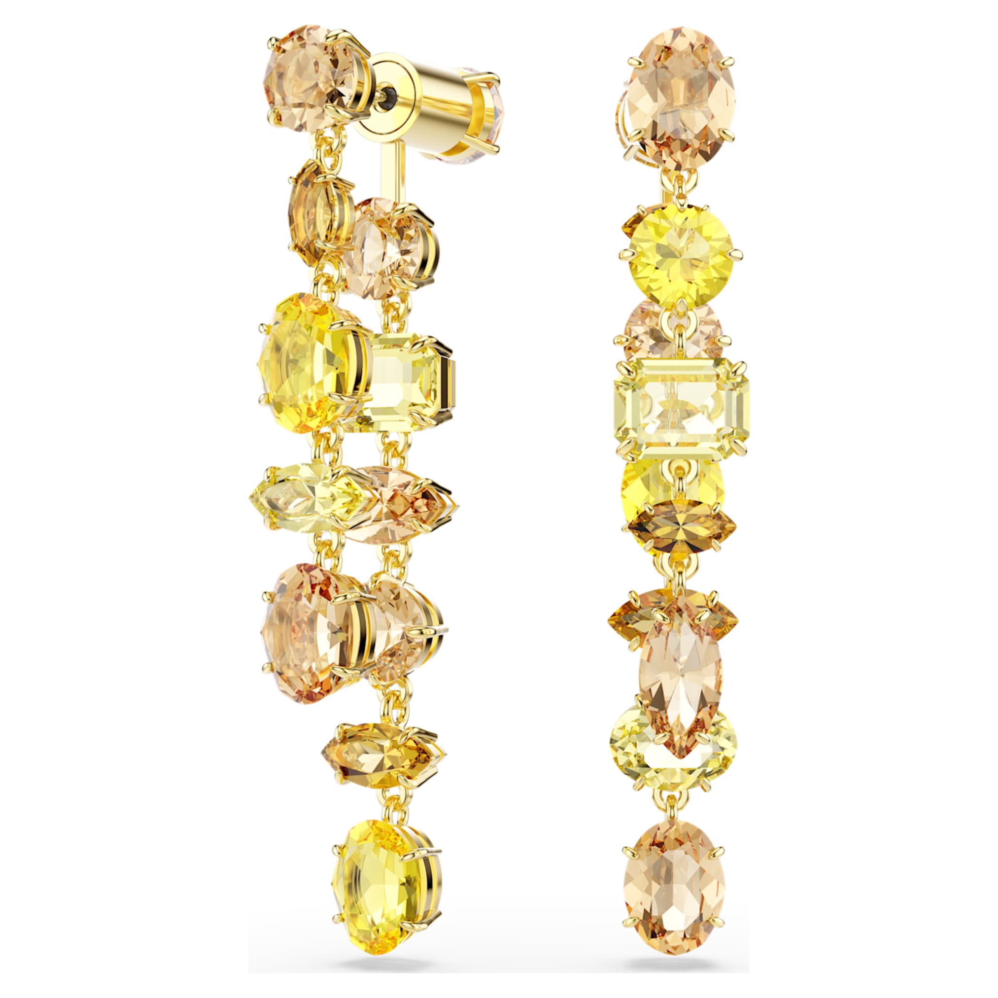 Swarovski Gema drop earrings Asymmetrical design, Mixed cuts, Long, Yellow, 18K gold finish