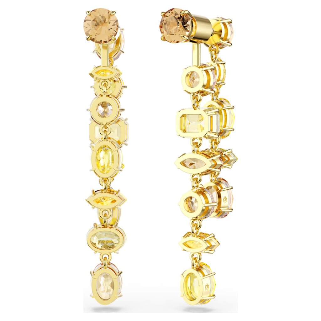 Swarovski Gema drop earrings Asymmetrical design, Mixed cuts, Long, Yellow, 18K gold finish