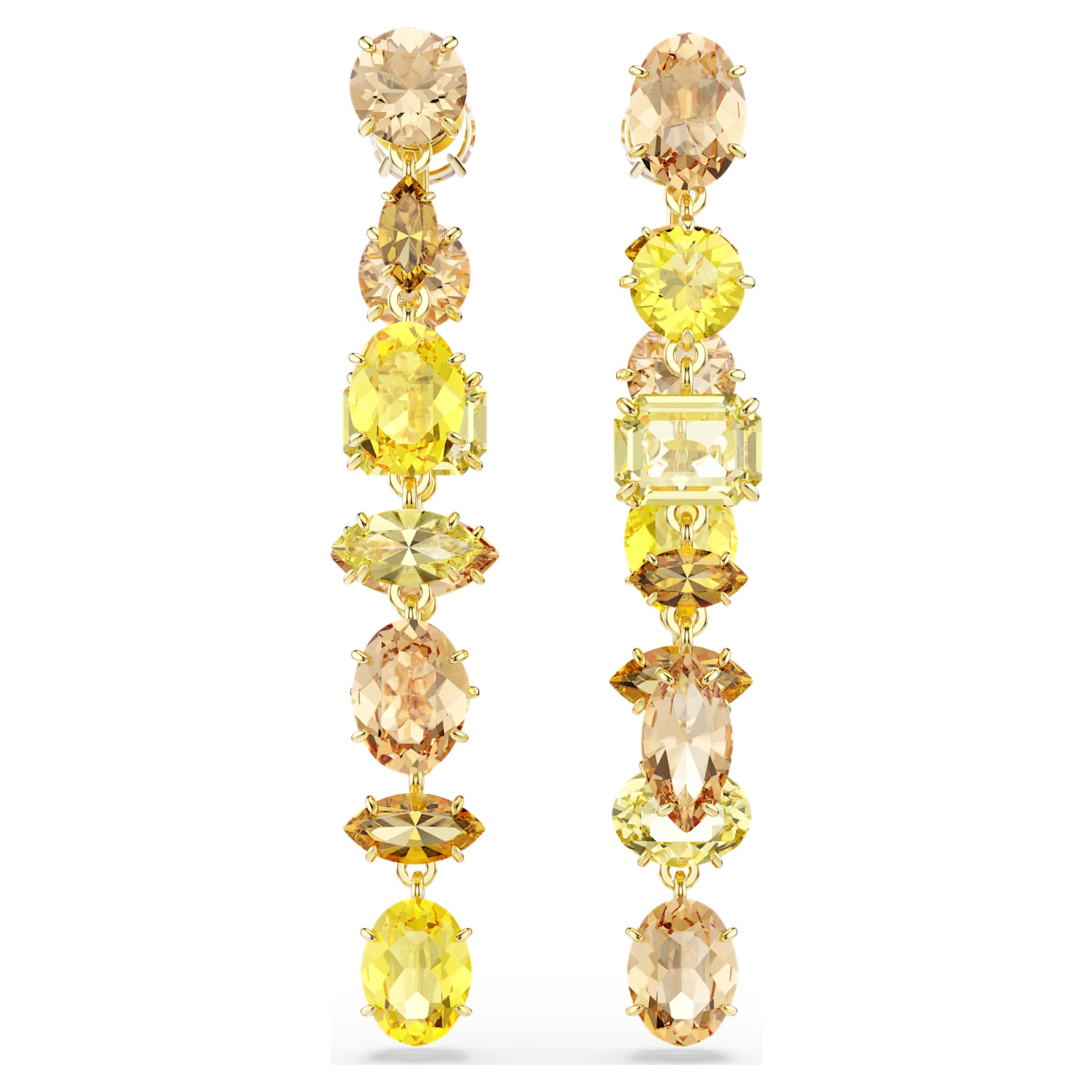 Swarovski Gema drop earrings Asymmetrical design, Mixed cuts, Long, Yellow, 18K gold finish
