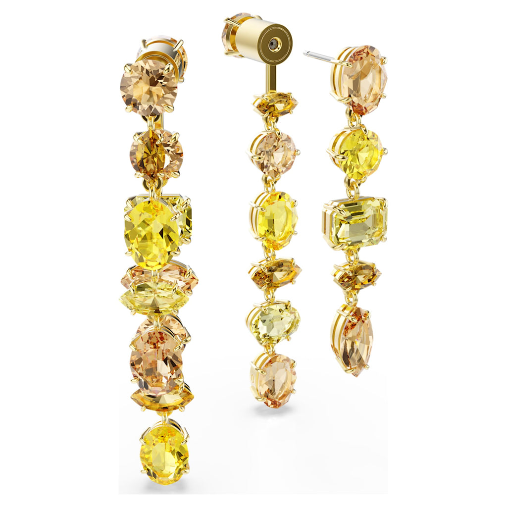 Swarovski Gema drop earrings Asymmetrical design, Mixed cuts, Long, Yellow, 18K gold finish