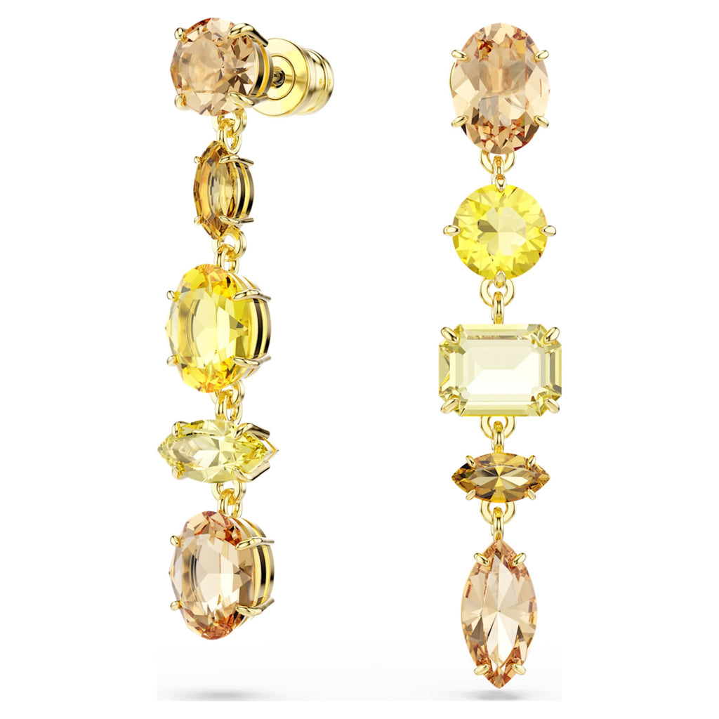 Swarovski Gema drop earrings Asymmetrical design, Mixed cuts, Long, Yellow, 18K gold finish
