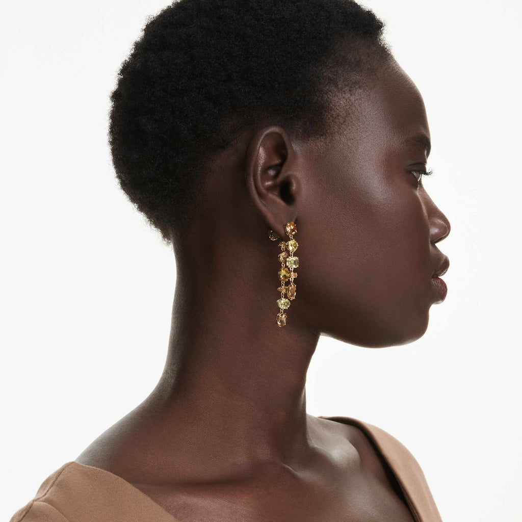 Swarovski Gema drop earrings Asymmetrical design, Mixed cuts, Long, Yellow, 18K gold finish