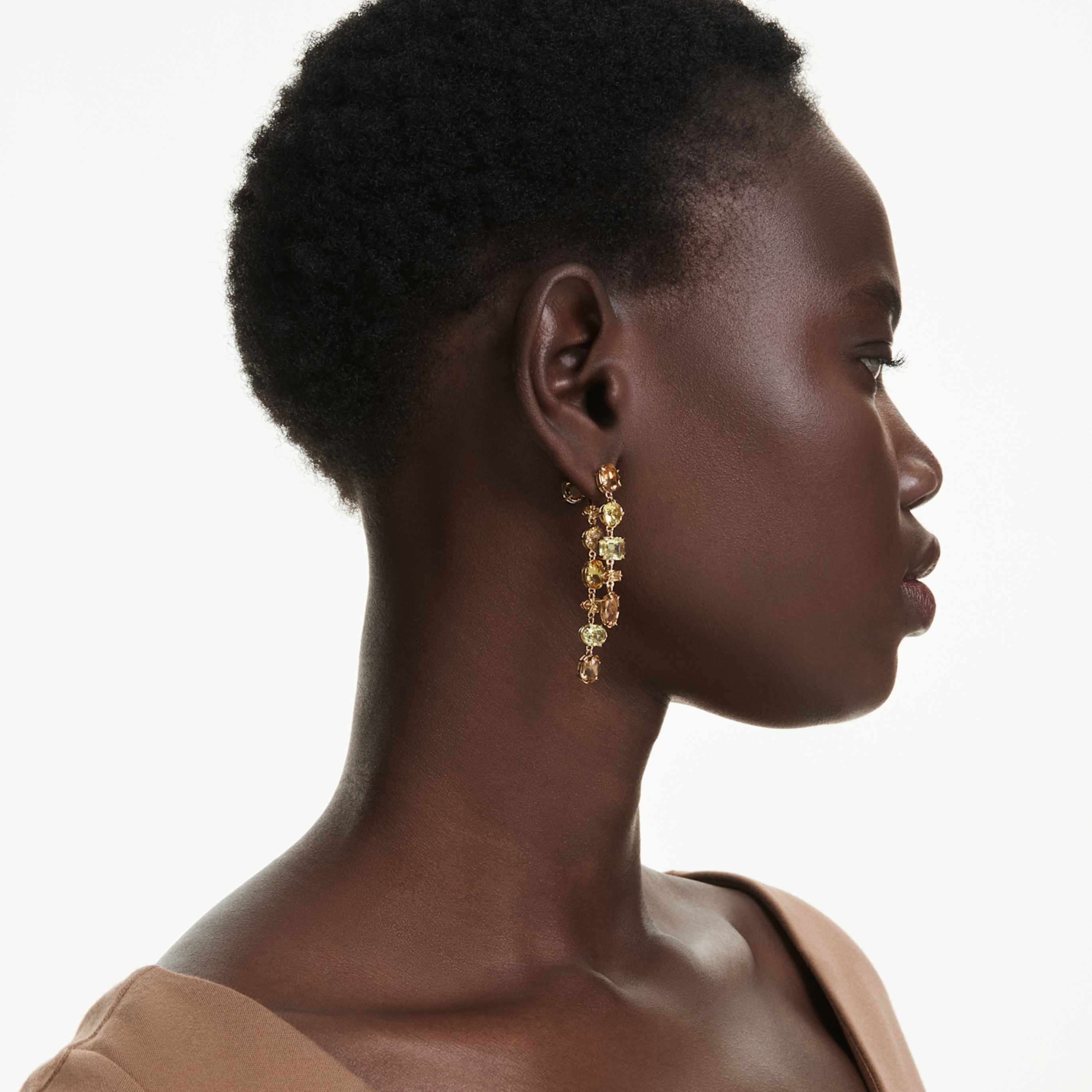 Swarovski Gema drop earrings Asymmetrical design, Mixed cuts, Long, Yellow, 18K gold finish