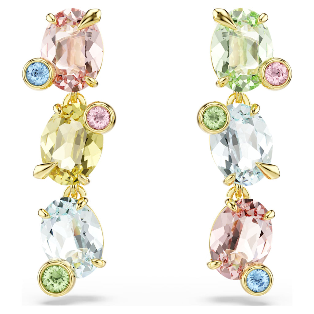 Swarovski Gema drop earrings Asymmetrical design, Mixed cuts, Multicolored, 18K gold finish