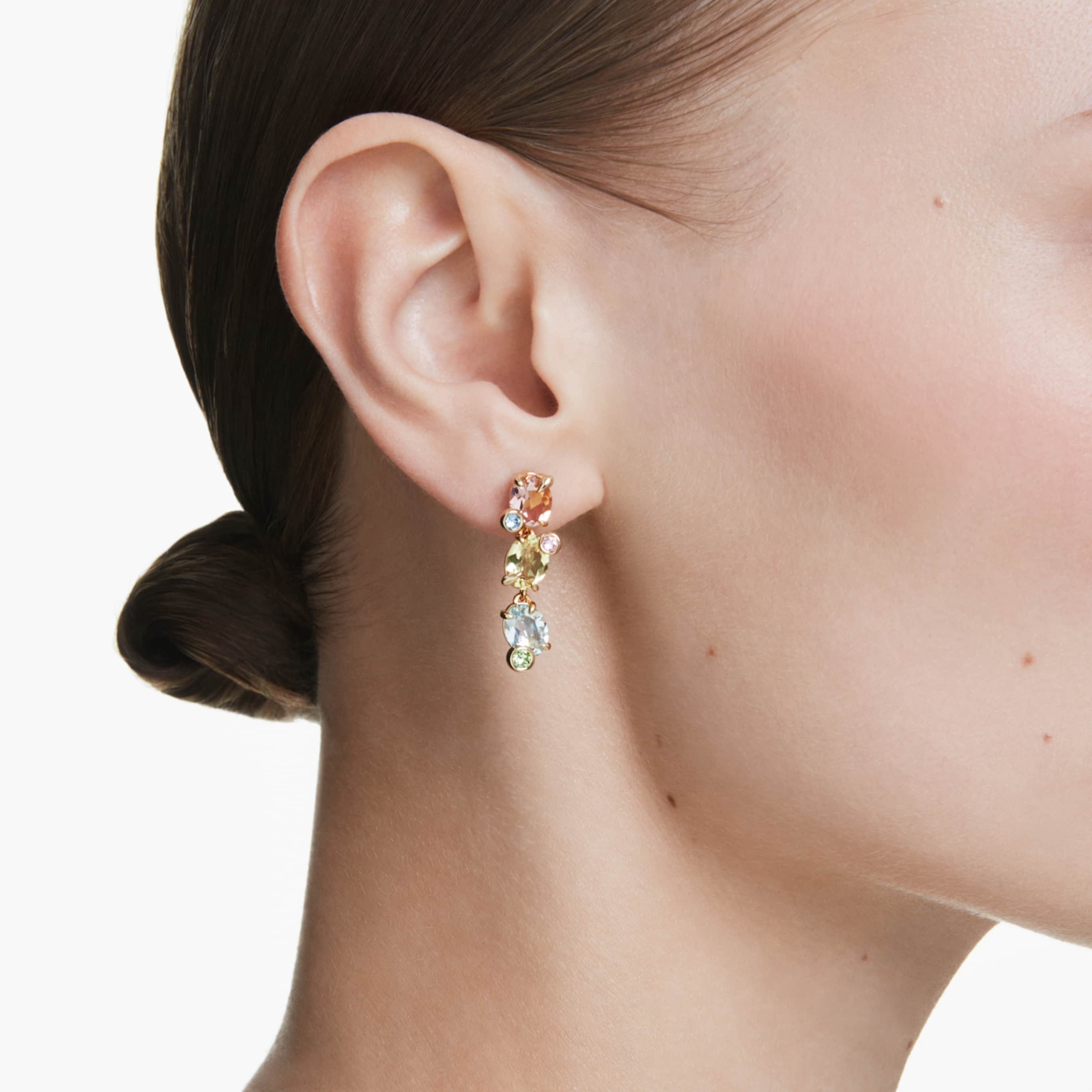 Swarovski Gema drop earrings Asymmetrical design, Mixed cuts, Multicolored, 18K gold finish