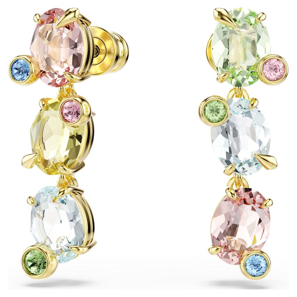 Swarovski Gema drop earrings Asymmetrical design, Mixed cuts, Multicolored, 18K gold finish