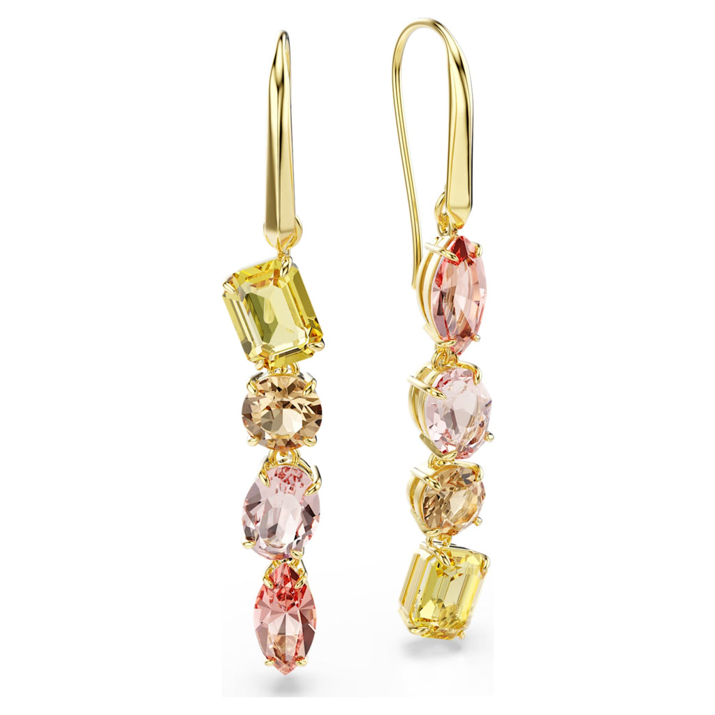 Swarovski Gema drop earrings Asymmetrical design, Mixed cuts, Pink, 18K gold finish