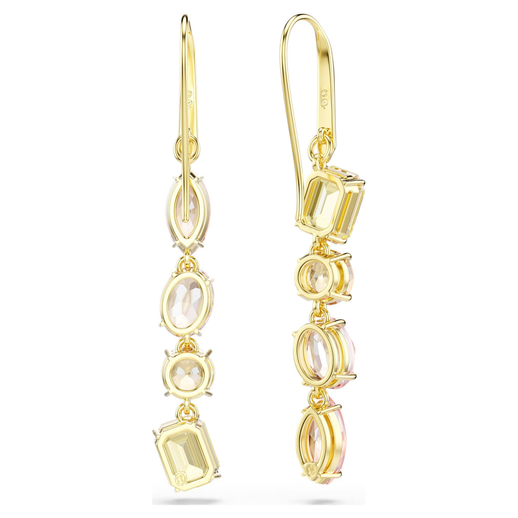 Swarovski Gema drop earrings Asymmetrical design, Mixed cuts, Pink, 18K gold finish
