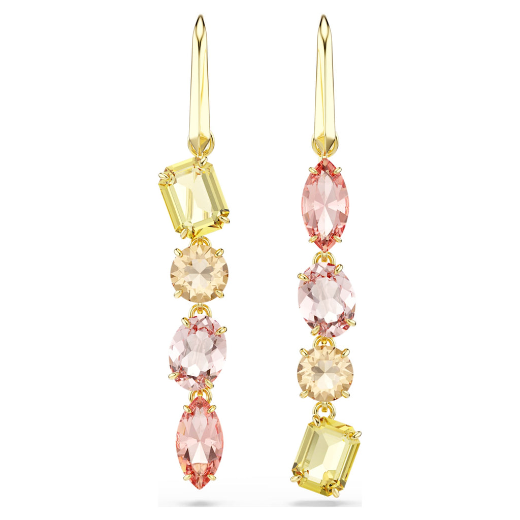 Swarovski Gema drop earrings Asymmetrical design, Mixed cuts, Pink, 18K gold finish