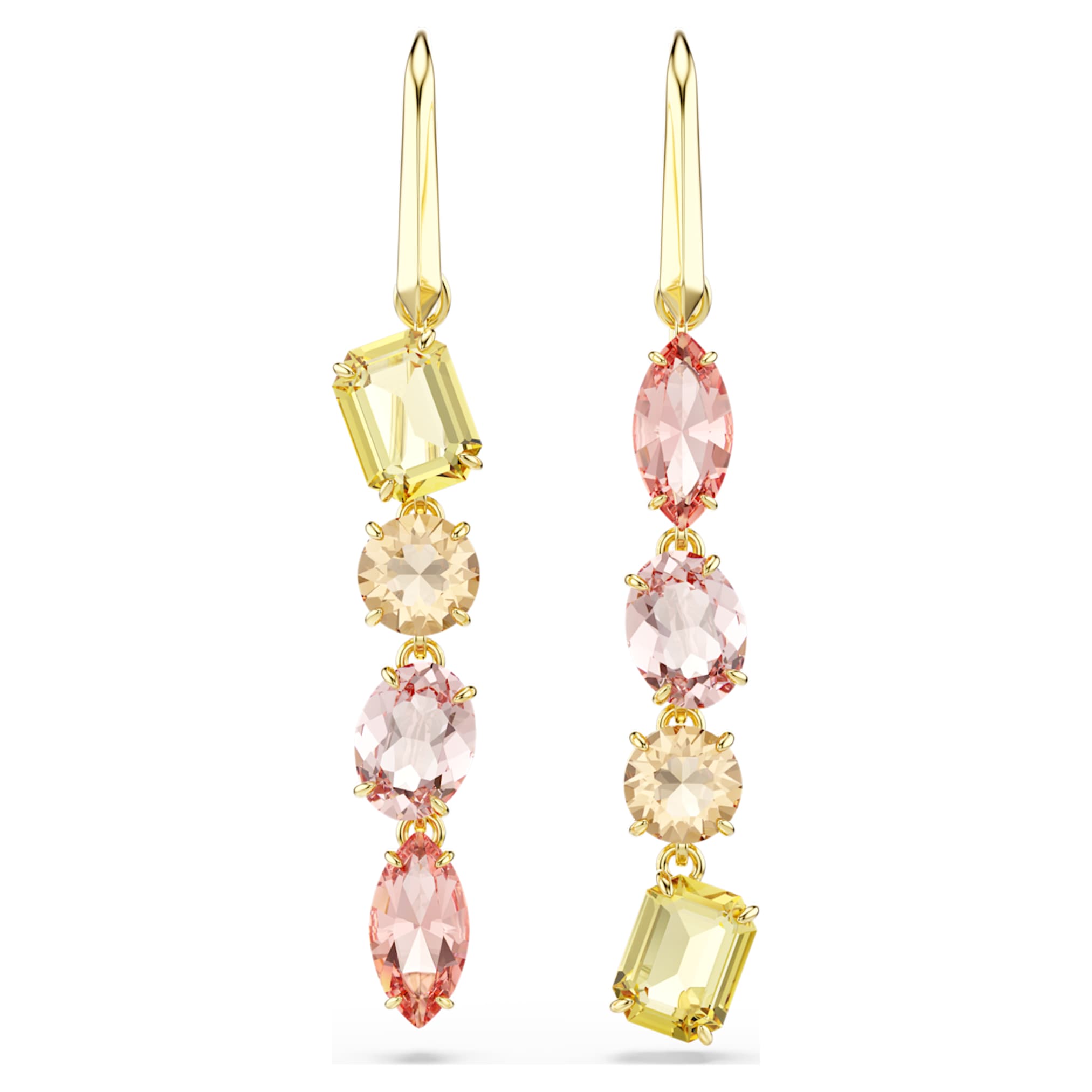 Swarovski Gema drop earrings Asymmetrical design, Mixed cuts, Pink, 18K gold finish