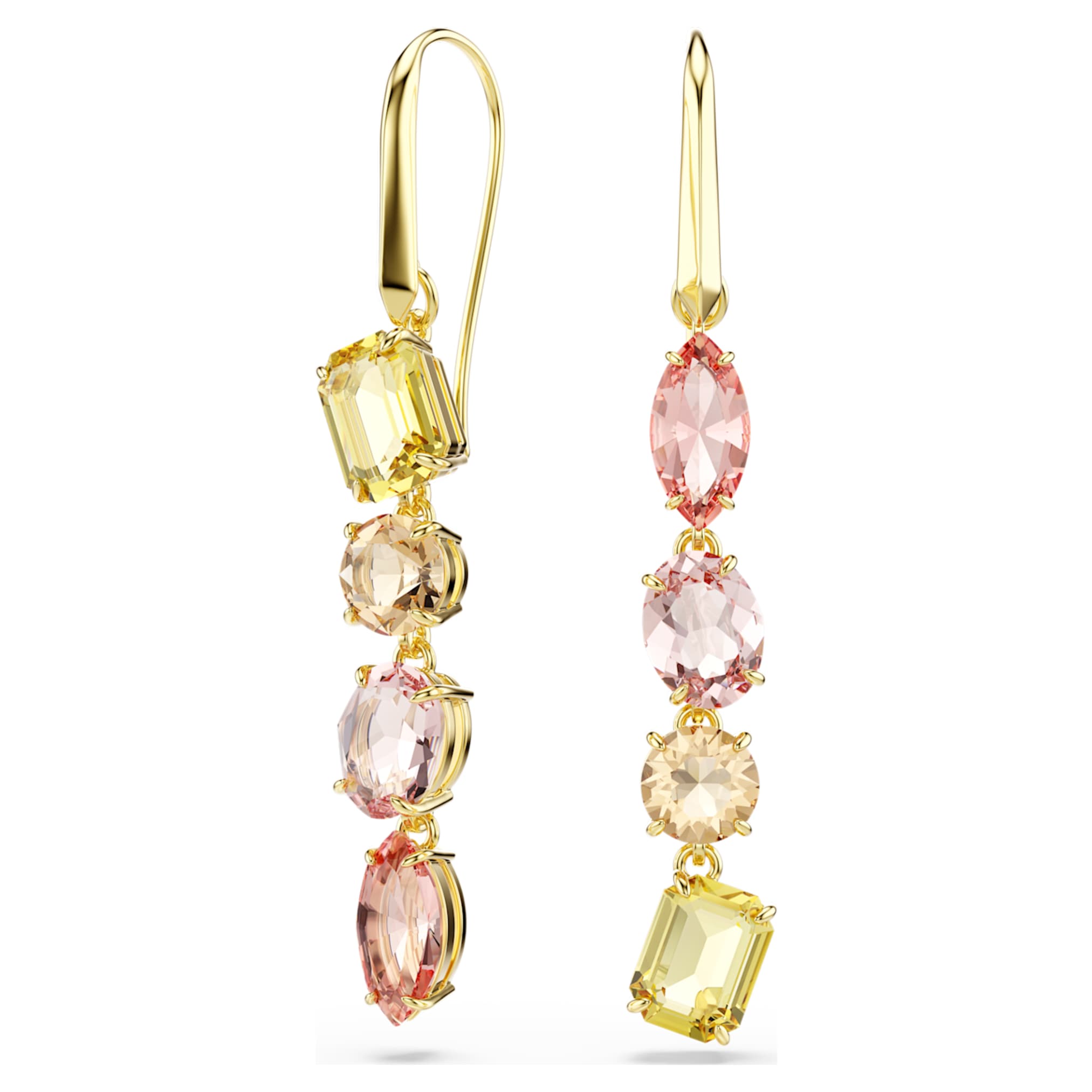 Swarovski Gema drop earrings Asymmetrical design, Mixed cuts, Pink, 18K gold finish