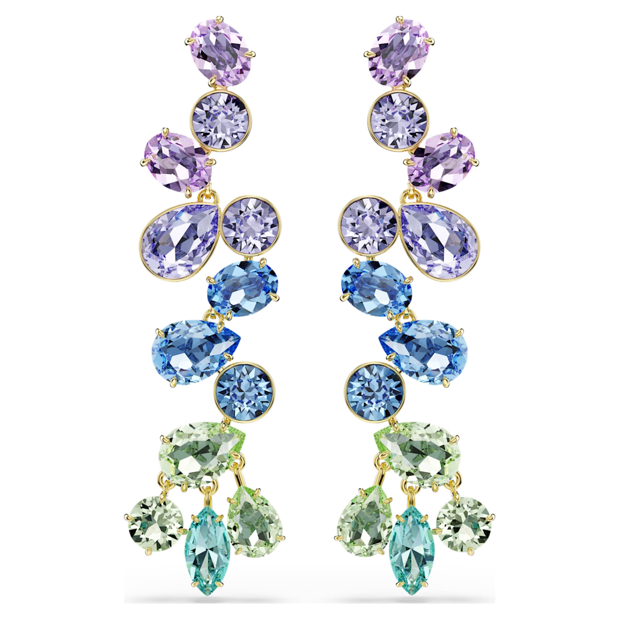 Swarovski Gema drop earrings Mixed cuts, Chandelier, Long, Multicolored, 18K gold finish