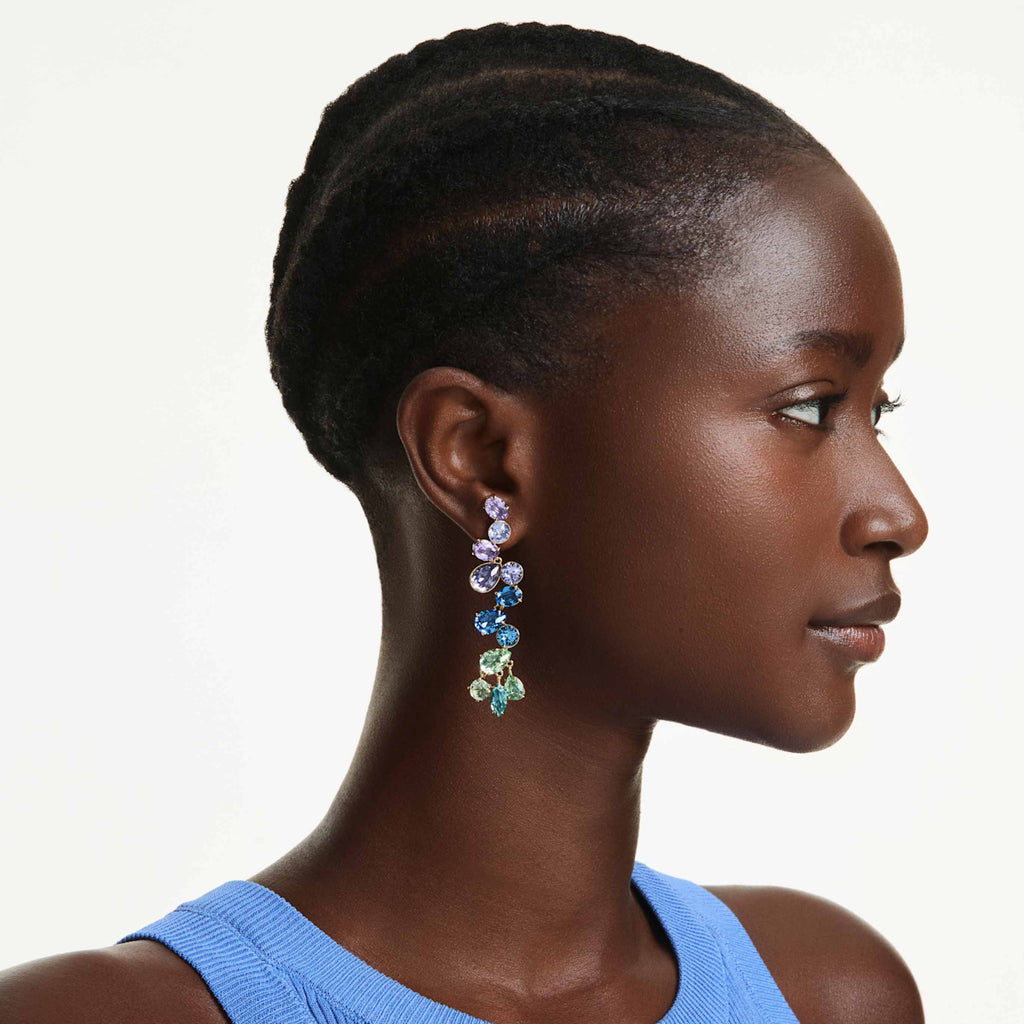 Swarovski Gema drop earrings Mixed cuts, Chandelier, Long, Multicolored, 18K gold finish