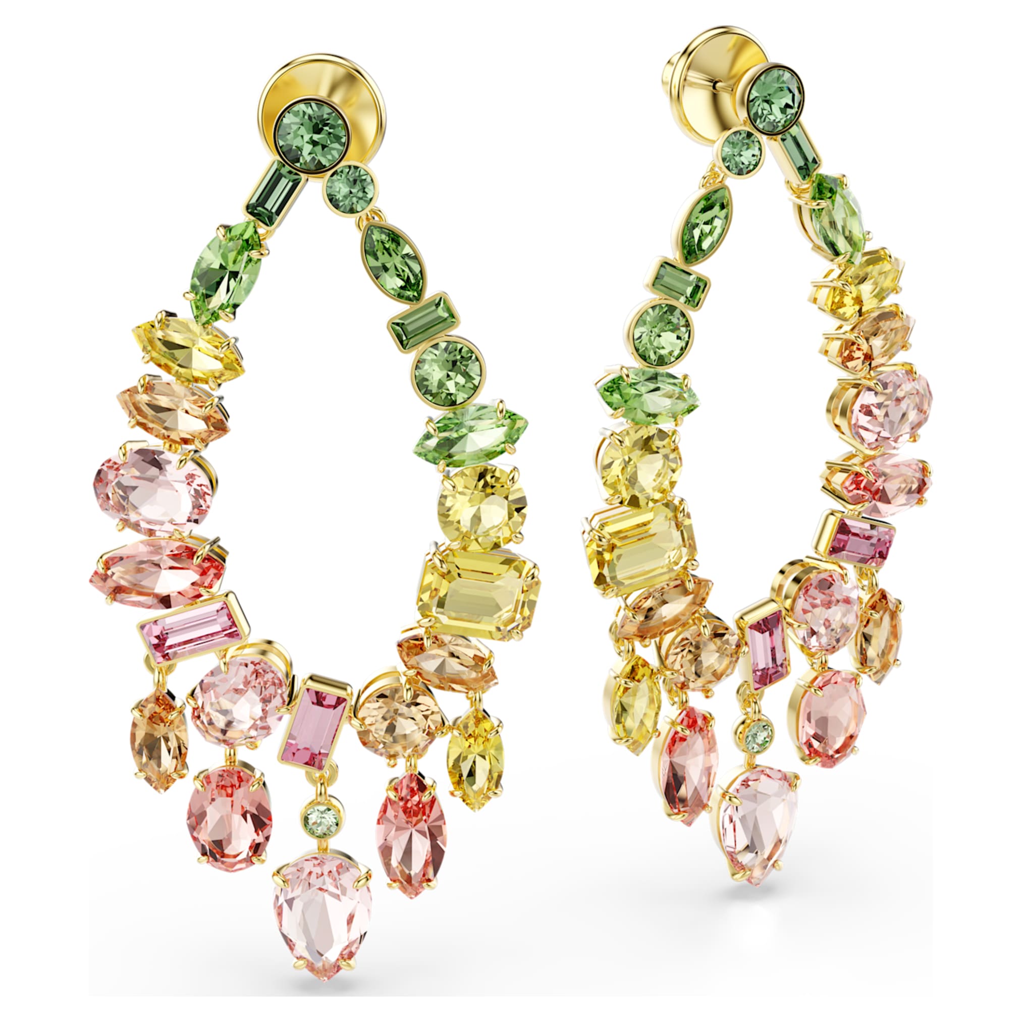 Swarovski Gema drop earrings Mixed cuts, Chandelier, Multicolored, 18K gold finish