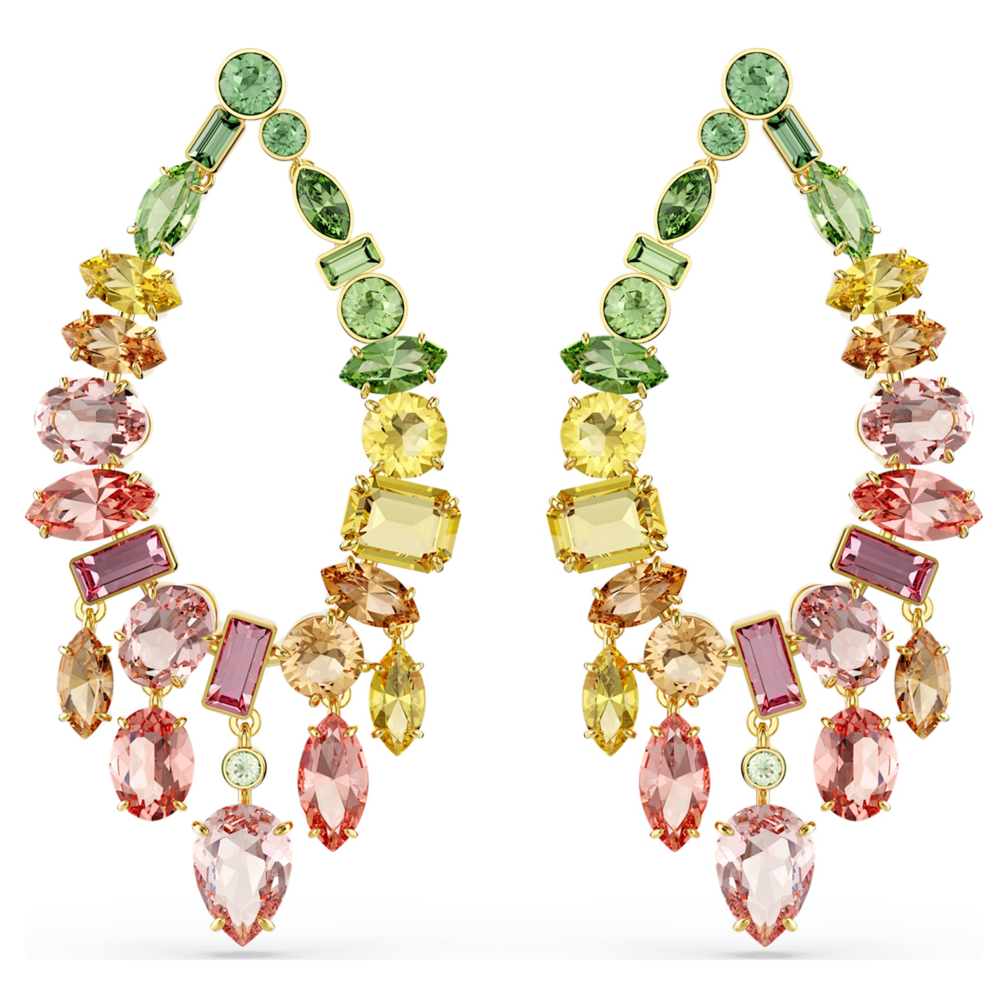 Swarovski Gema drop earrings Mixed cuts, Chandelier, Multicolored, 18K gold finish