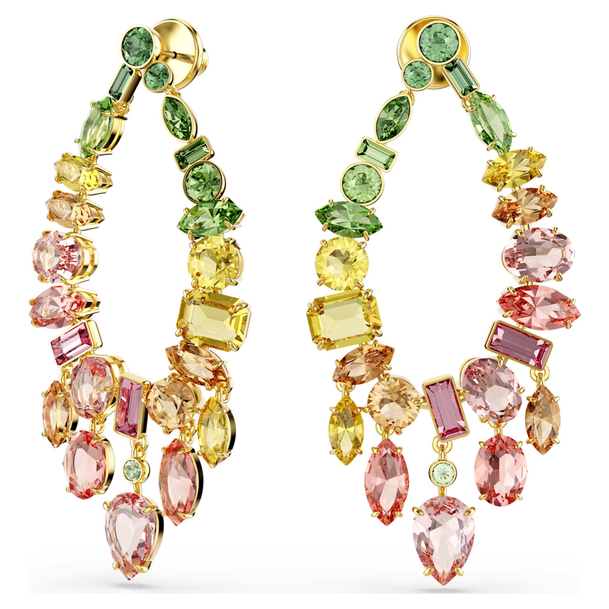 Swarovski Gema drop earrings Mixed cuts, Chandelier, Multicolored, 18K gold finish