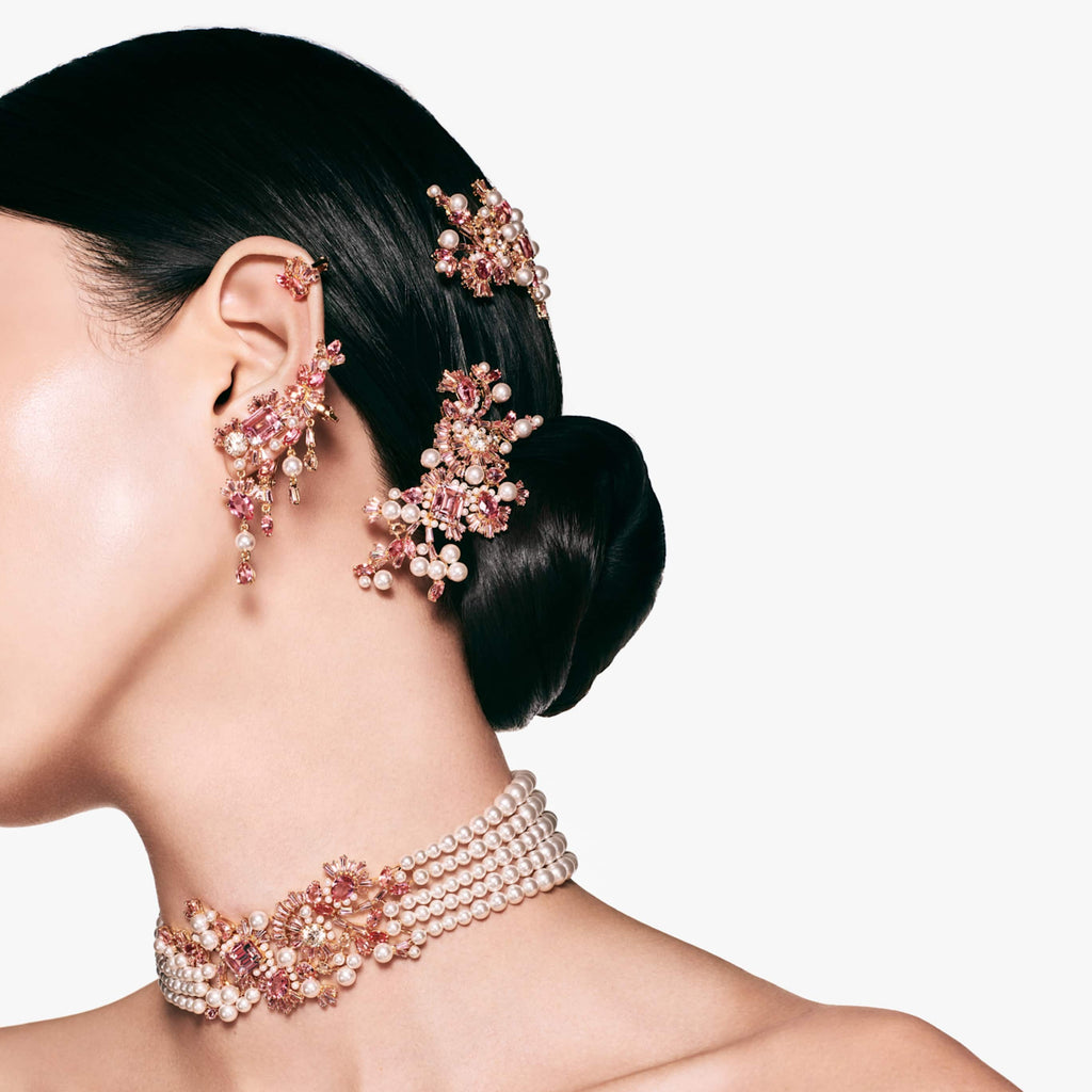 Swarovski Gema hair clip Crystal pearl, Mixed cuts, Flower, Pink, Gold-tone plated