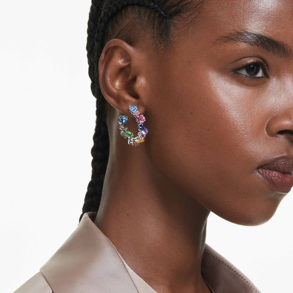Swarovski Gema hoop earrings Pink, Rhodium plated