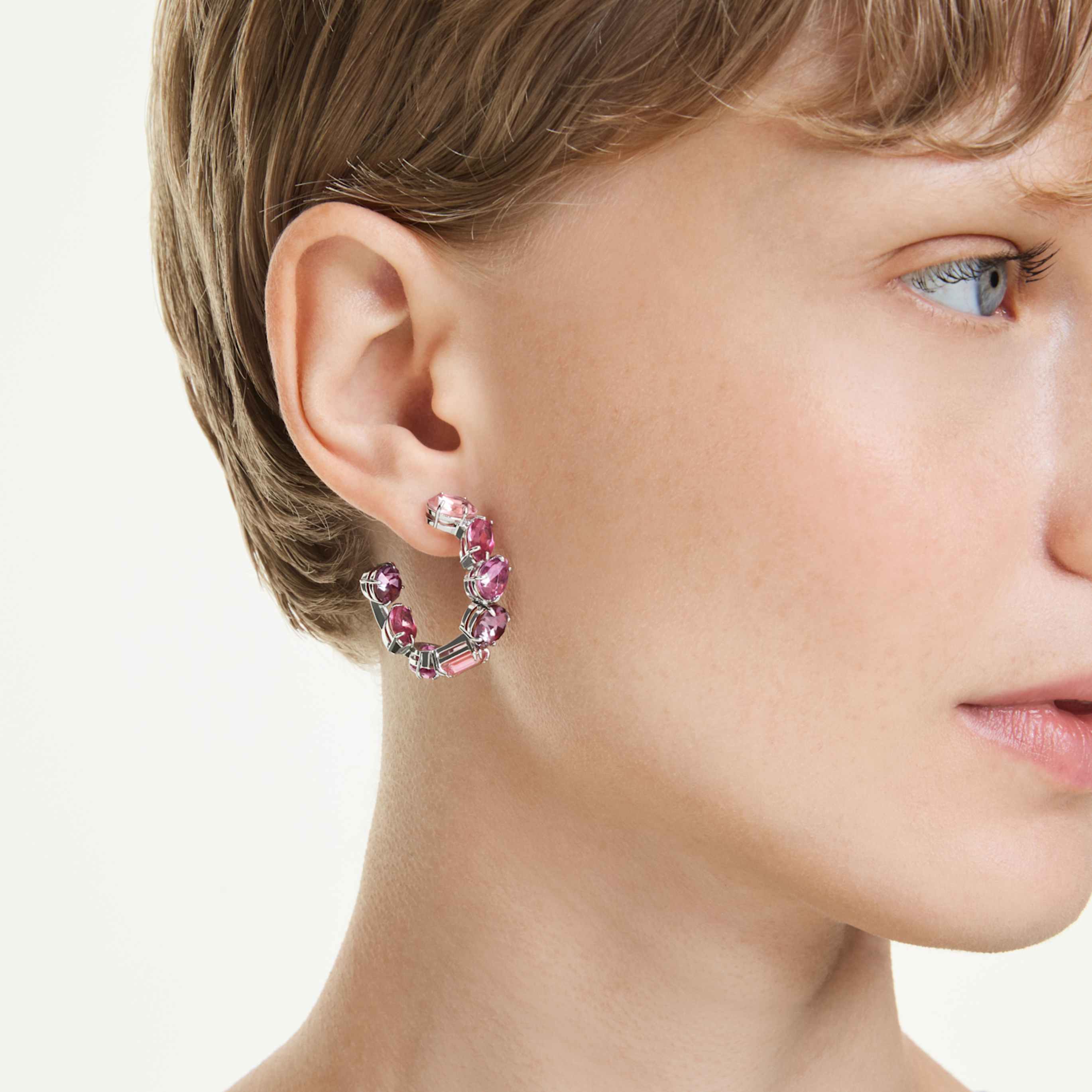 Swarovski Gema hoop earrings Pink, Rhodium plated