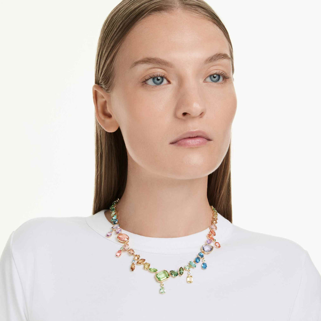 Swarovski Gema necklace Mixed cuts, Dangling crystals, Multicolored, 18K gold finish