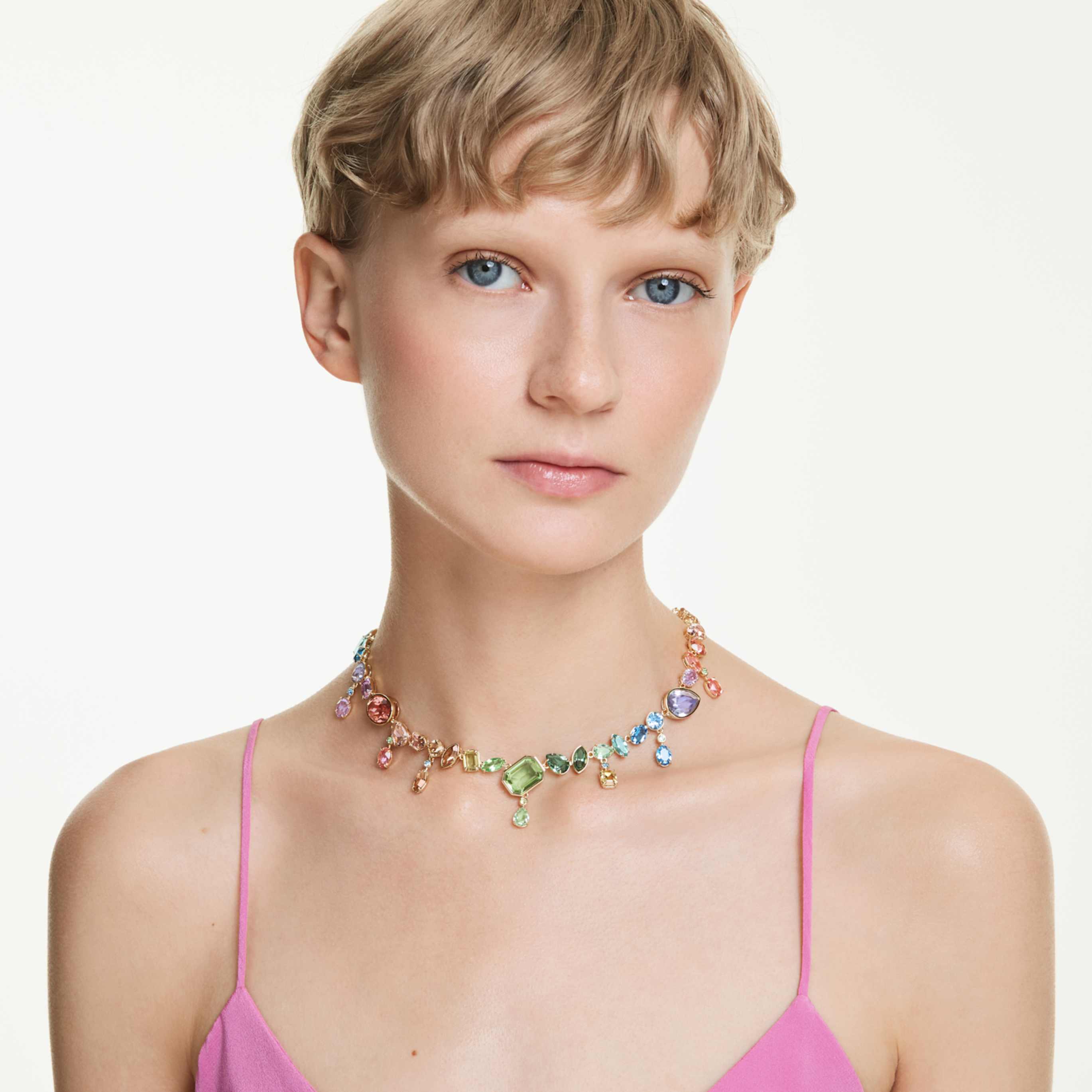 Swarovski Gema necklace Mixed cuts, Dangling crystals, Multicolored, 18K gold finish